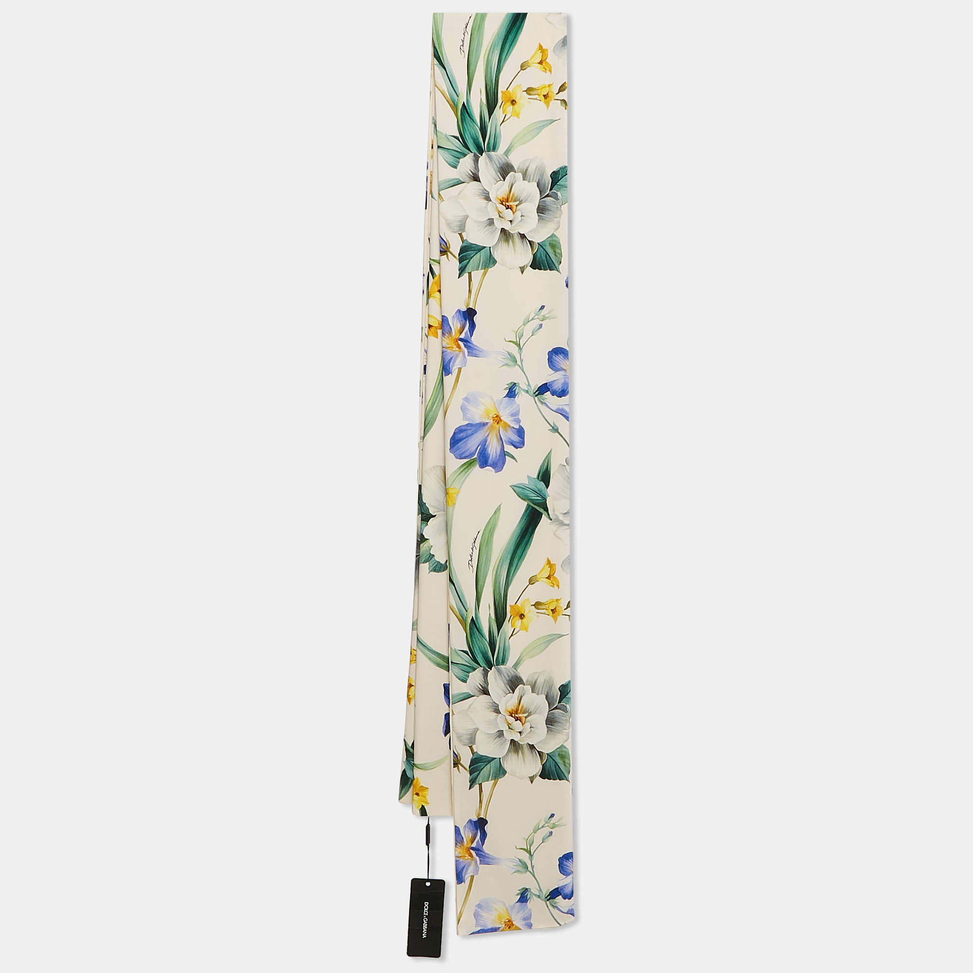 Pre Owned Dolce & Gabbana White Floral Print Stretch Silk Hijab Scarf