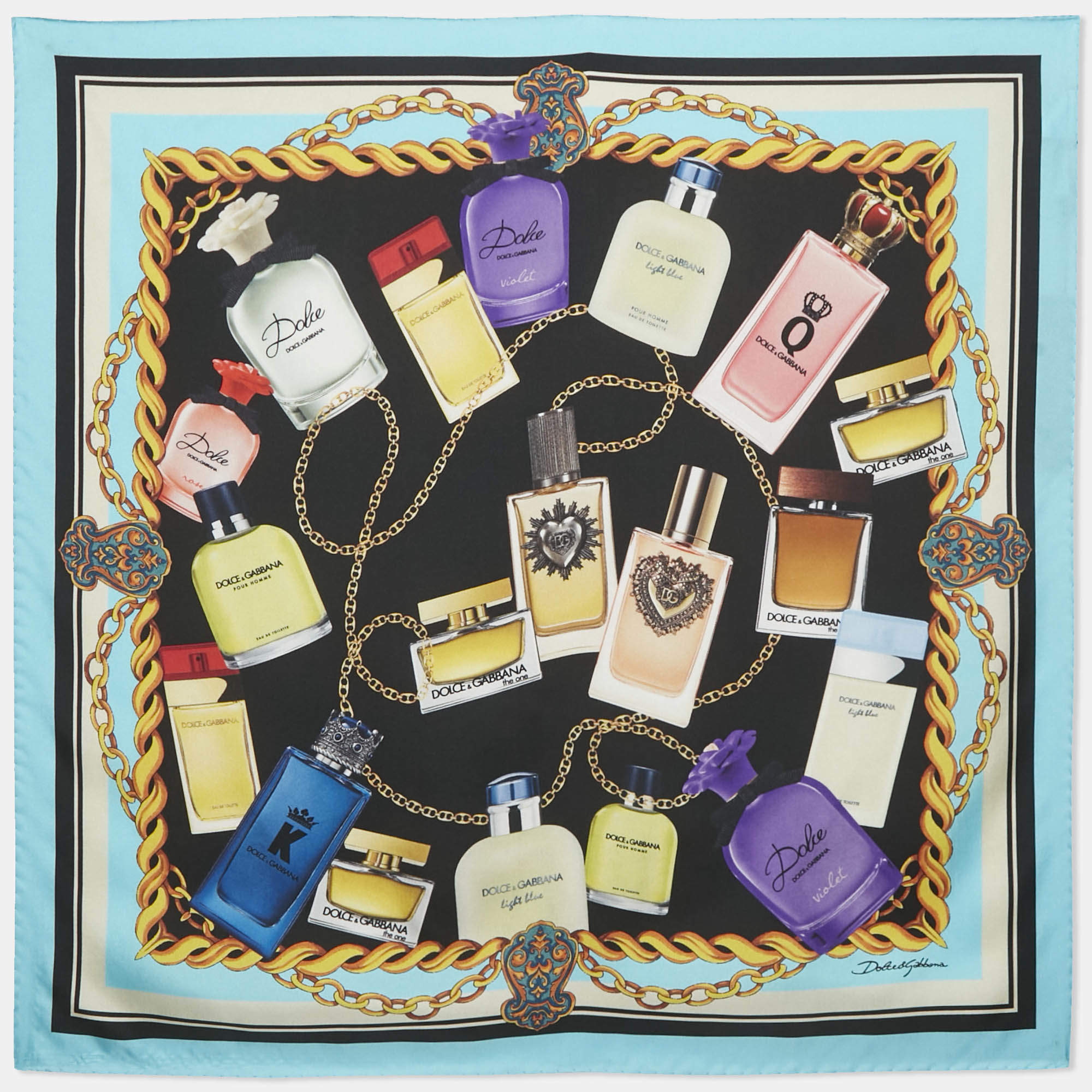 Dolce & Gabbana Blue Perfume Print Silk Square Scarf 