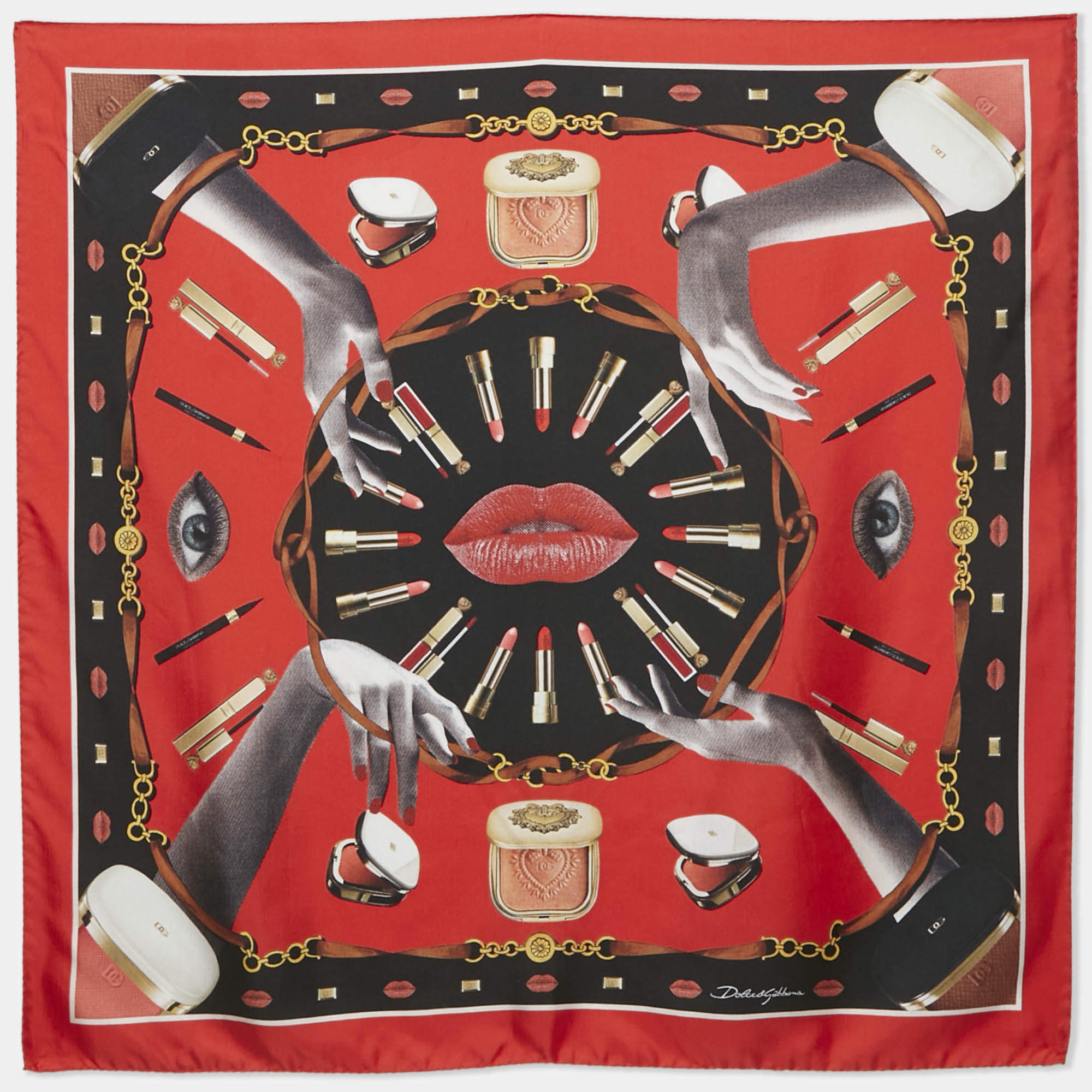 Pre Owned Dolce & Gabbana Red Make-Up Print Silk Scarf 