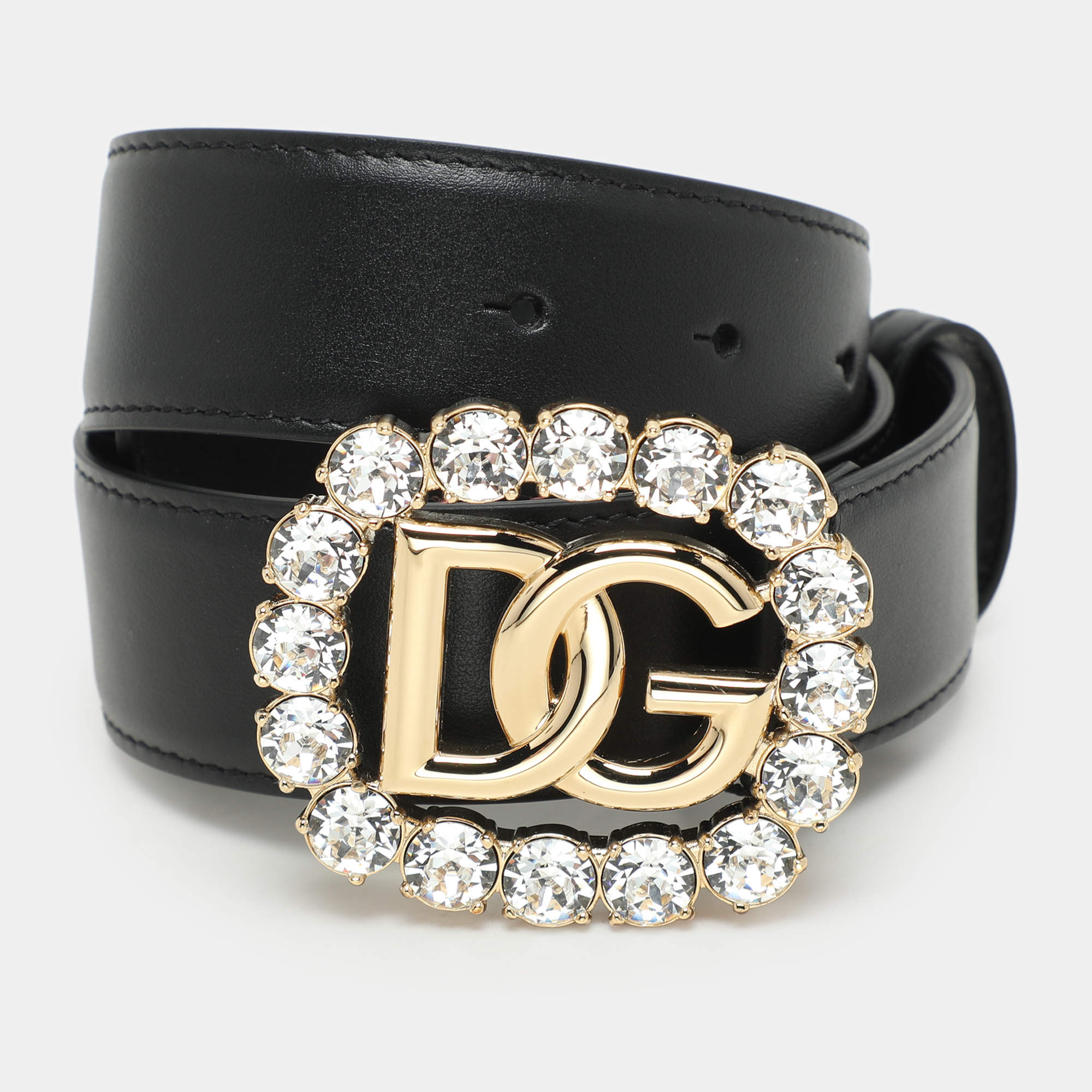 Pre Owned Dolce & Gabbana Black Leather Crystal Embellished Logo Belt 65CM