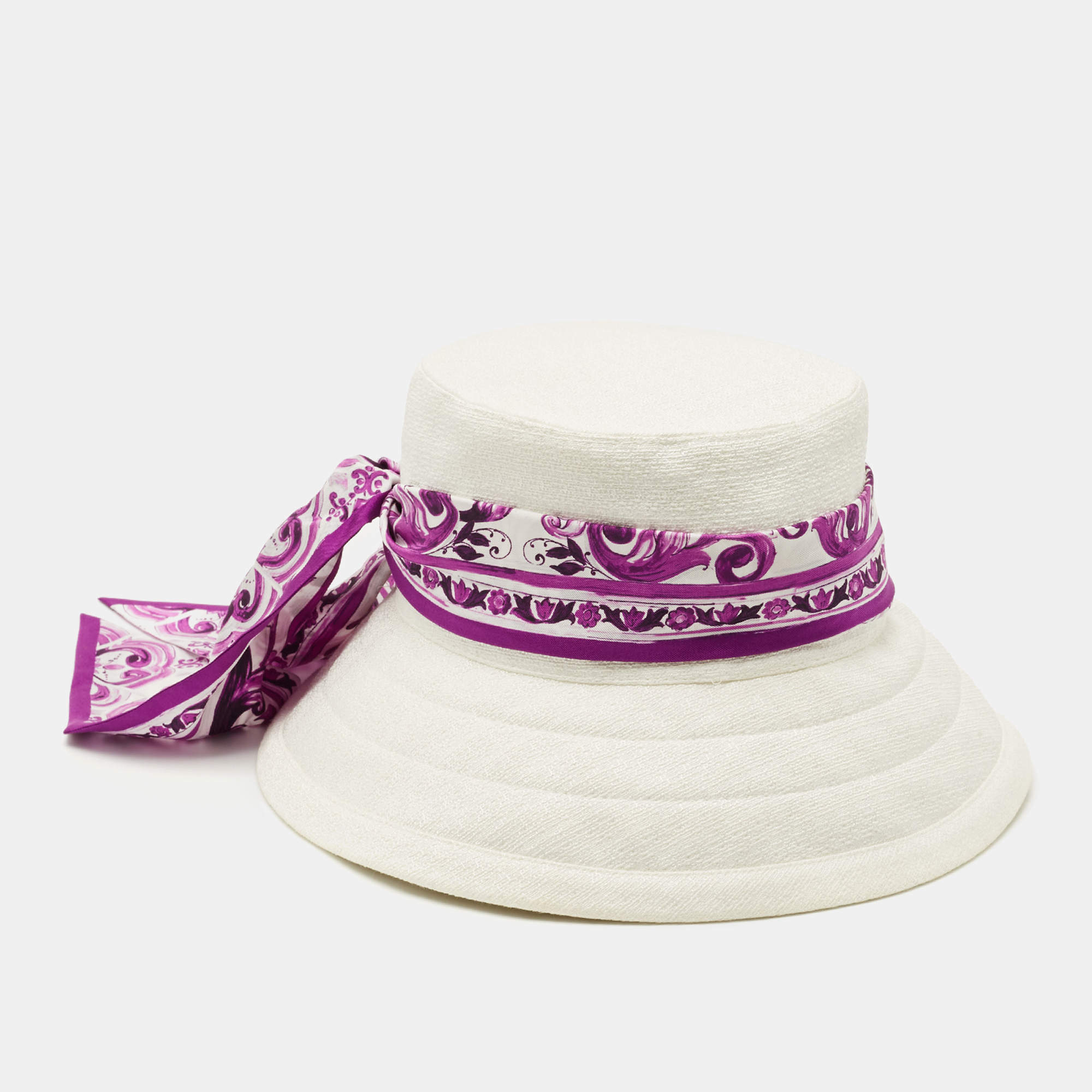 Pre Owned Dolce & Gabbana White/Purple Majolica Print Mat Sun Hat Size 56