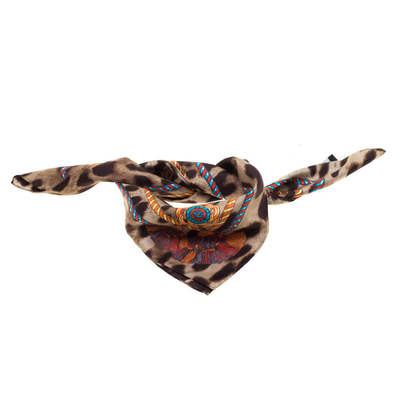 Dolce & Gabbana Brown Leopard and Tassel Print Silk Square Scarf