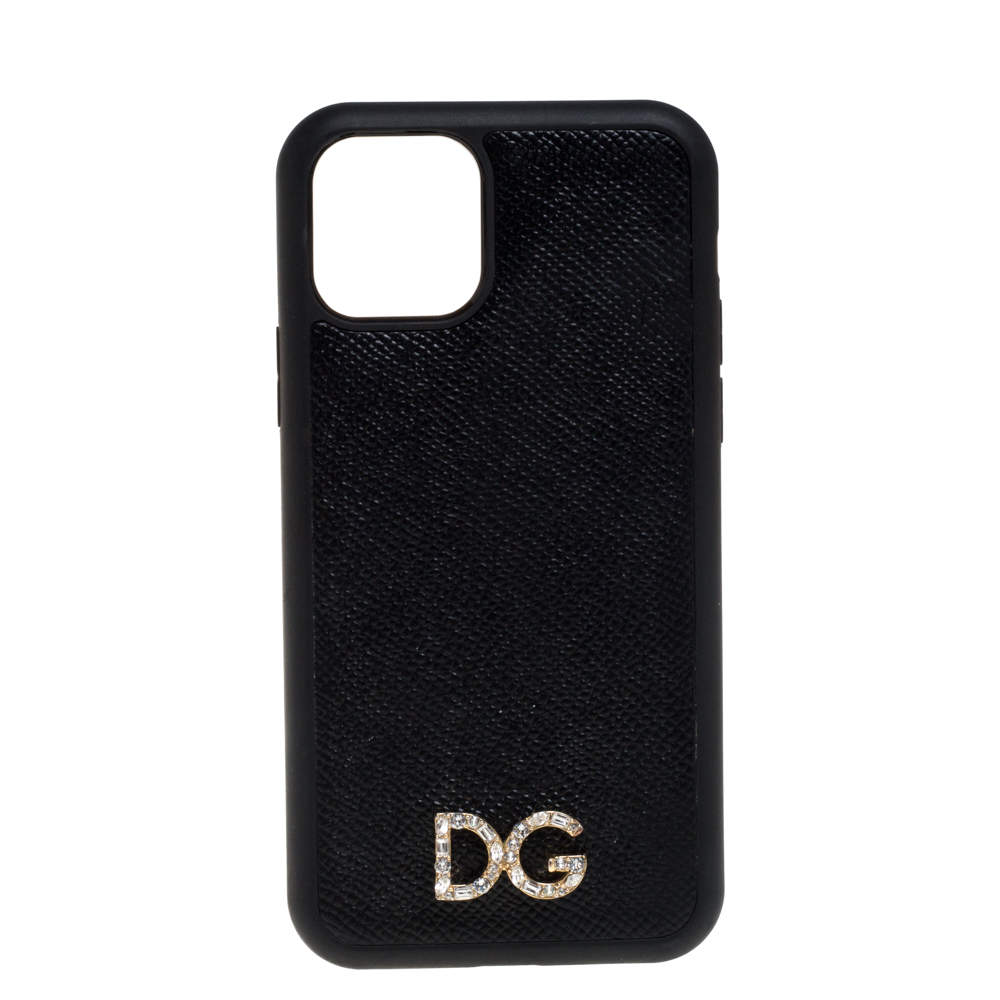 مملوكة مسبقًا Dolce & Gabbana Black Leather Crystal Logo iPhone 12 Case