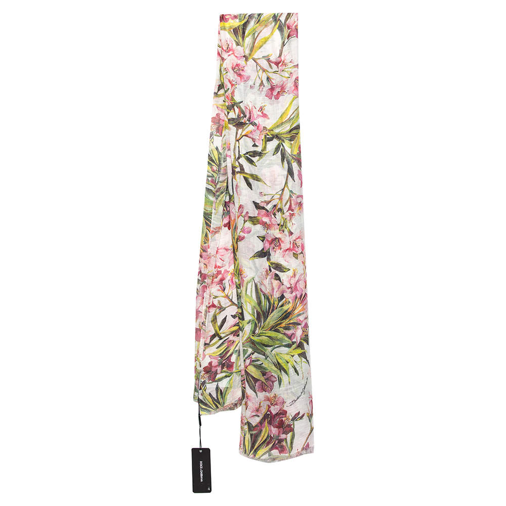 Pre Owned Dolce & Gabbana White Floral Printed Modal & Linen Scarf