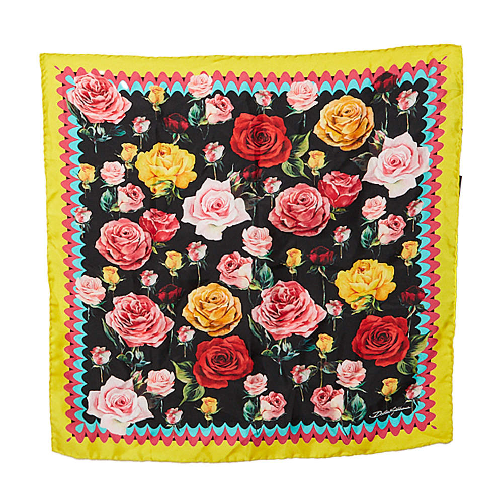 Pre Owned Dolce & Gabbana Black & Yellow Floral Print Silk Scarf