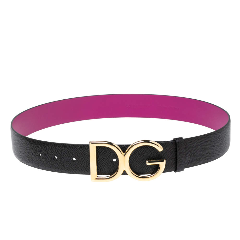 مملوكة مسبقًا Dolce & Gabbana Black/Pink Leather DG Logo Buckle Belt 90M