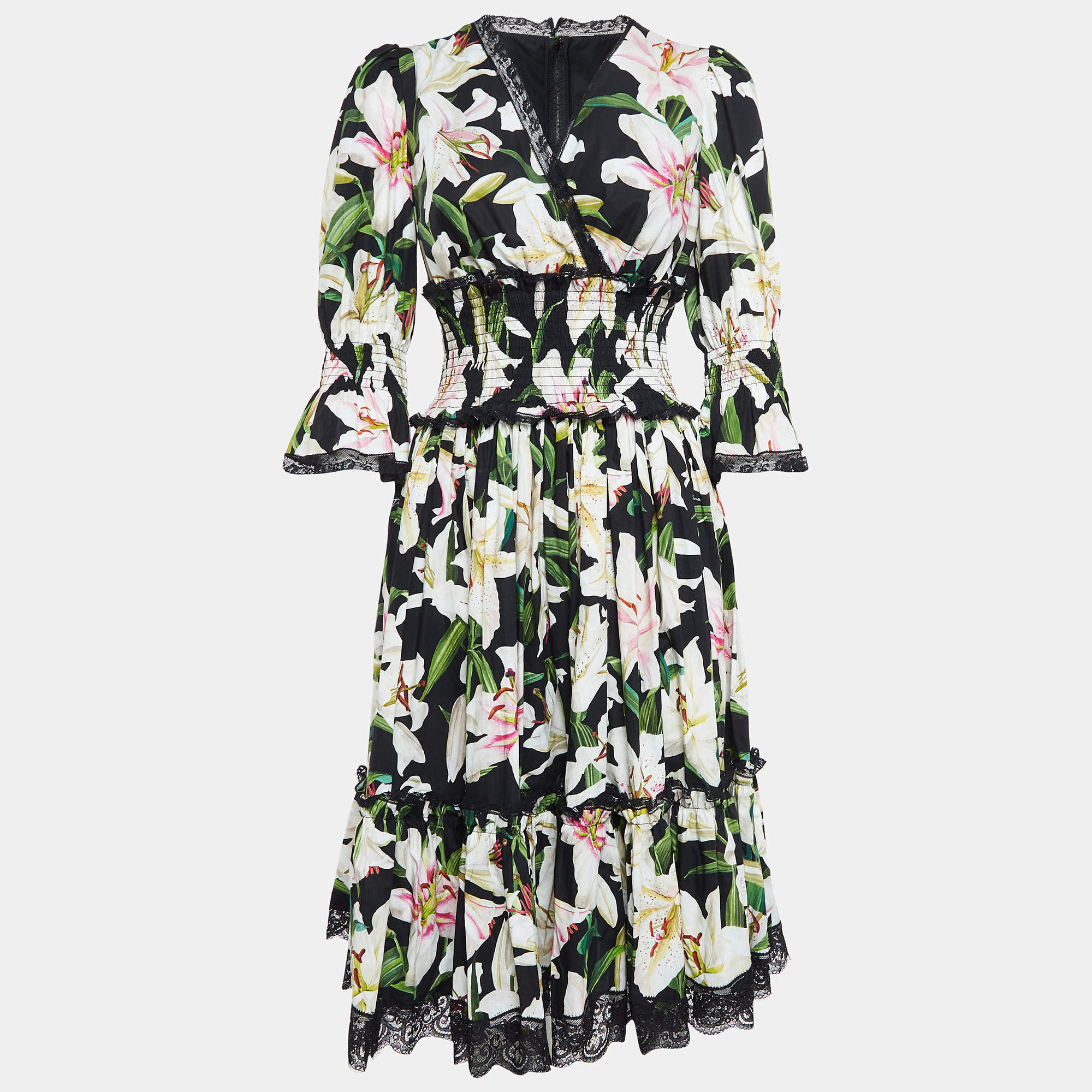 Pre Owned Dolce & Gabbana Black Lily Print Cotton and Lace Midi Length Dress M