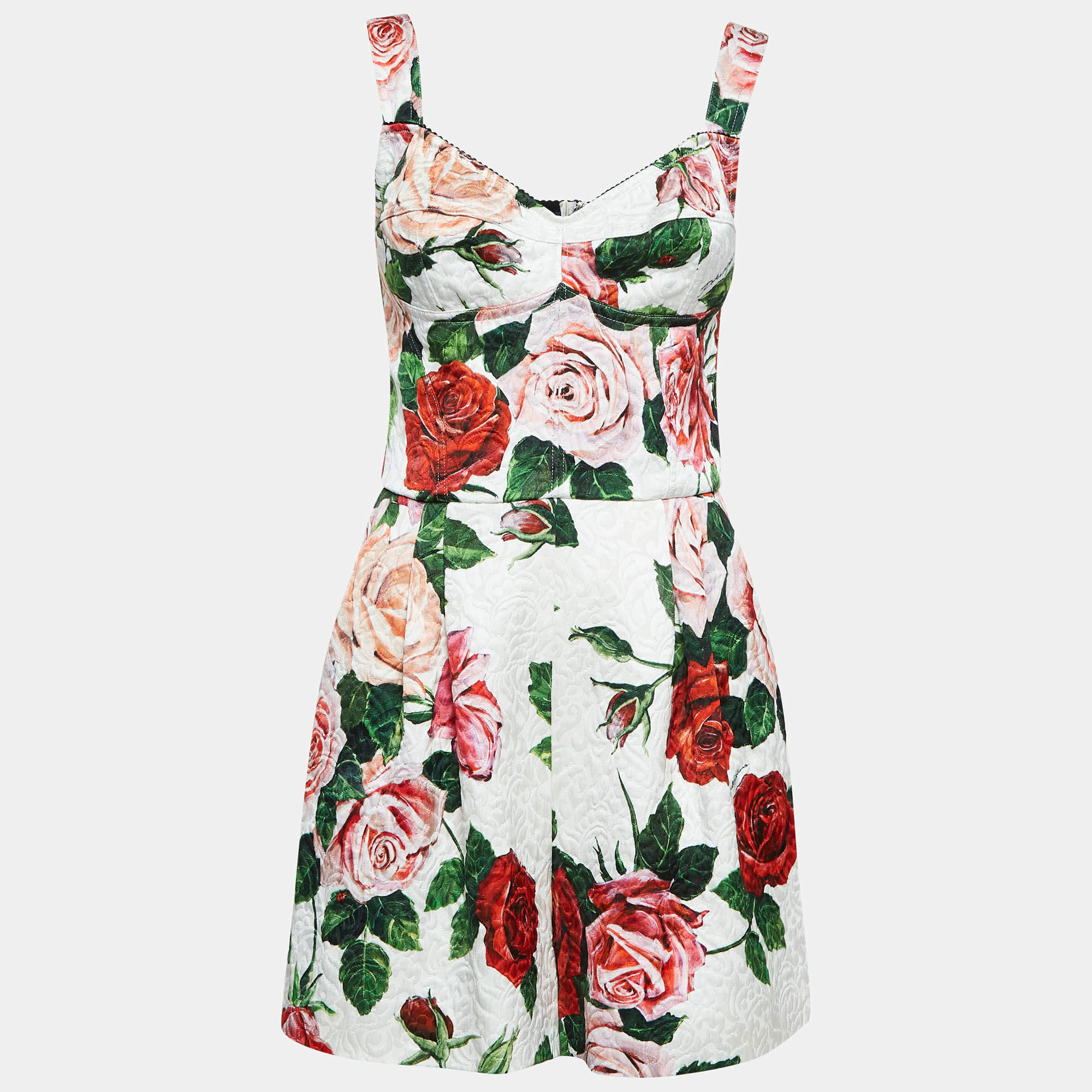 Dolce & Gabbana White Rose Printed Jacquard Playsuit M