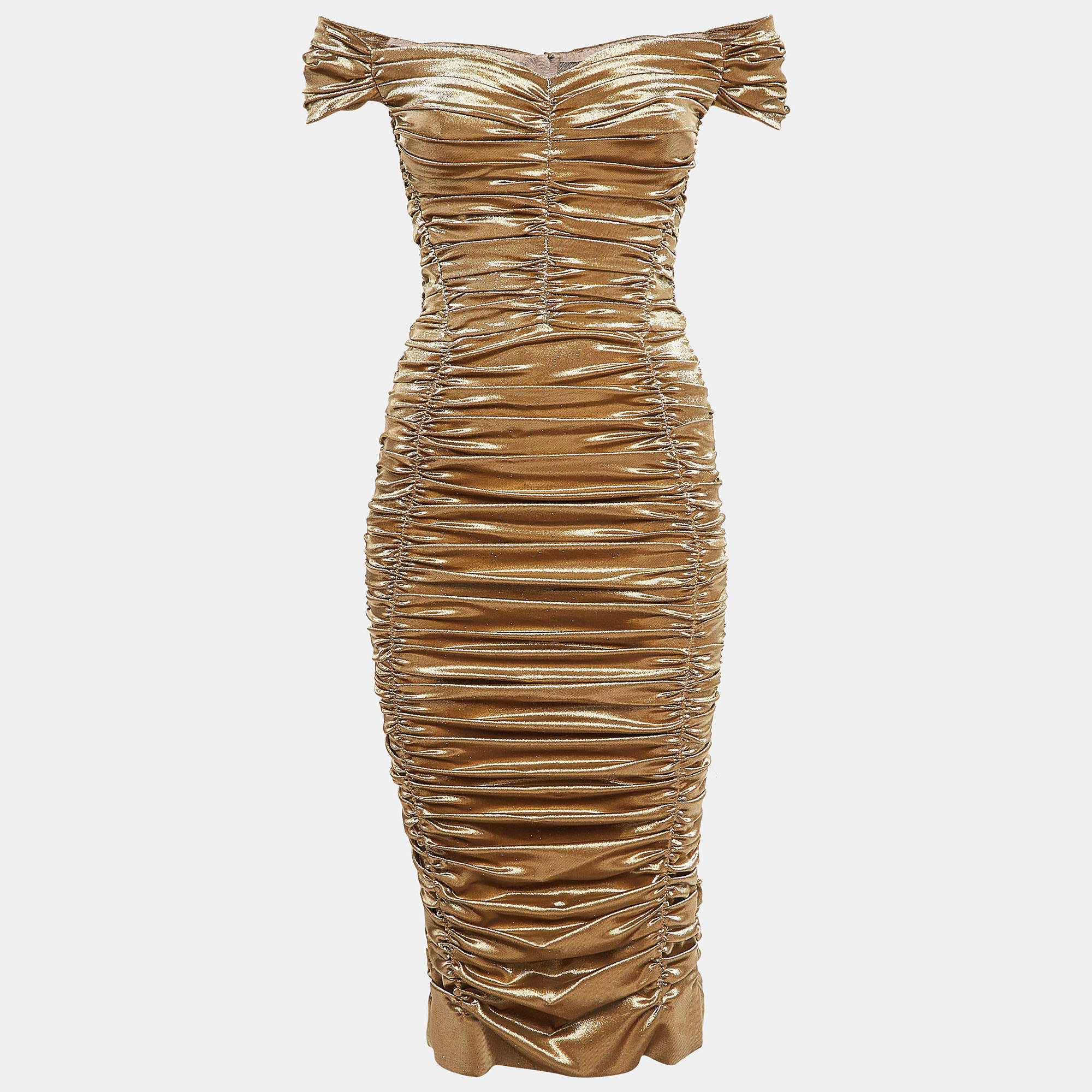 Dolce & Gabbana Metallic Gold Lame Ruche Off-Shoulder Dress M