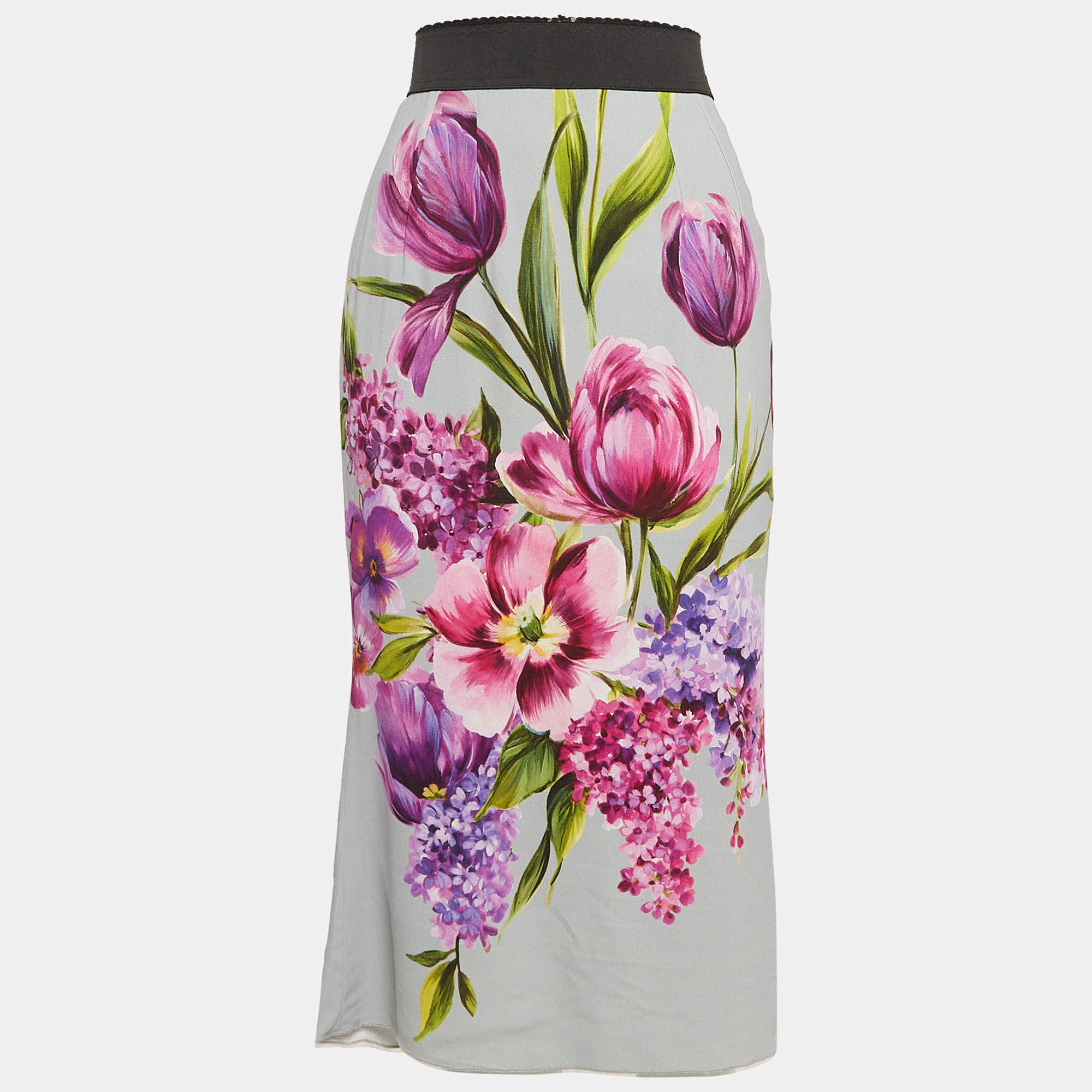 Pre Owned Dolce & Gabbana Grey Floral Print Crepe Midi Skirt S