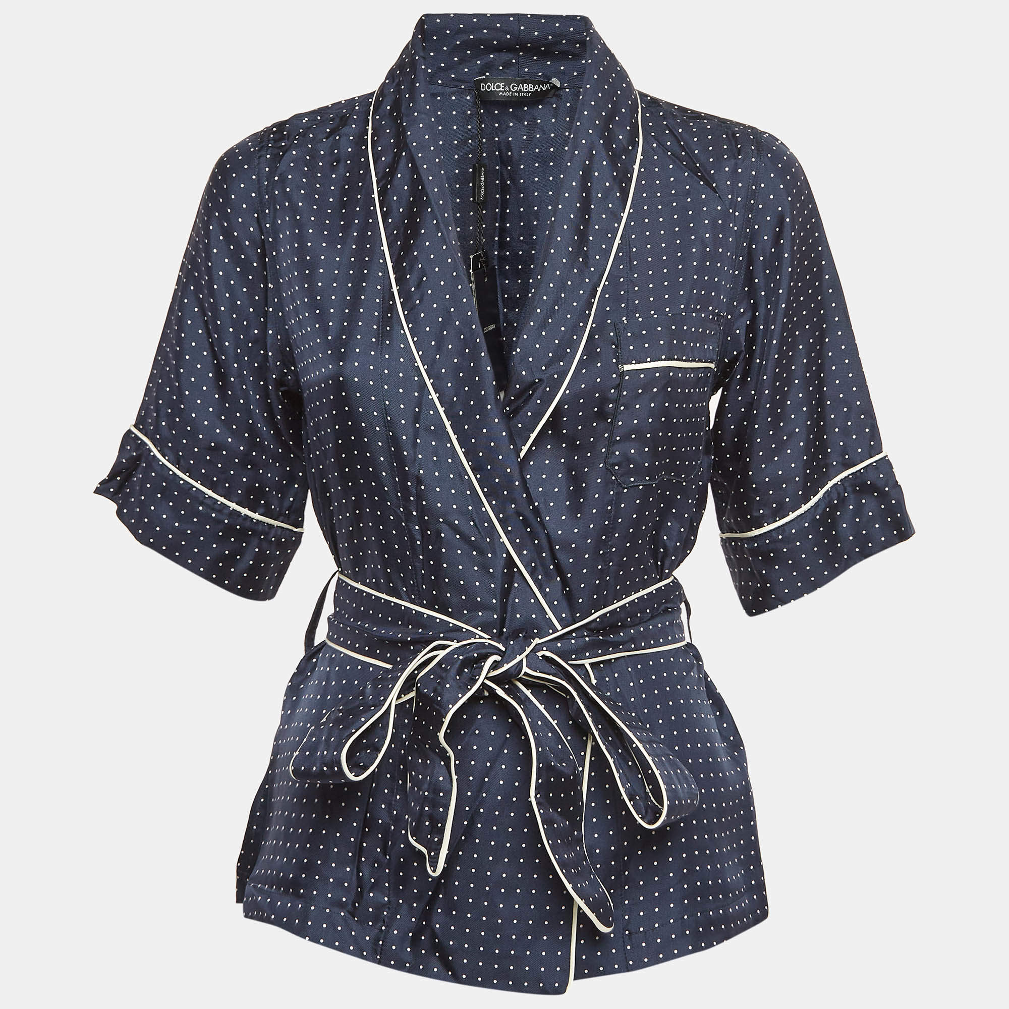 Pre Owned Dolce & Gabbana Navy Blue Polka Dots Print Silk Belted Blouse S