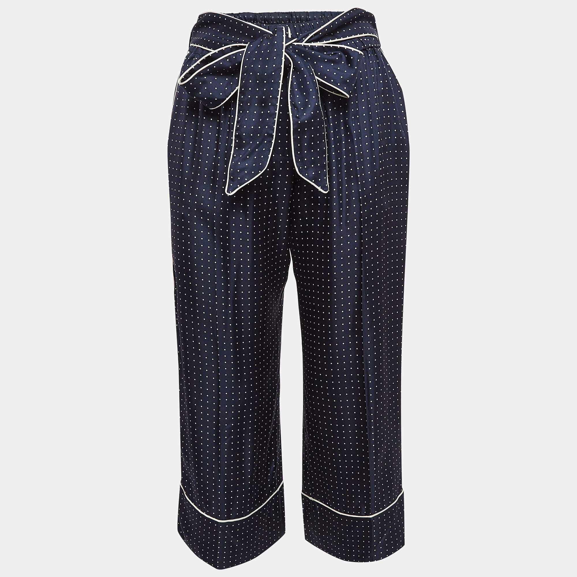 Pre Owned Dolce & Gabbana Navy Blue Polka Dots Print Silk Wide Leg Pants S