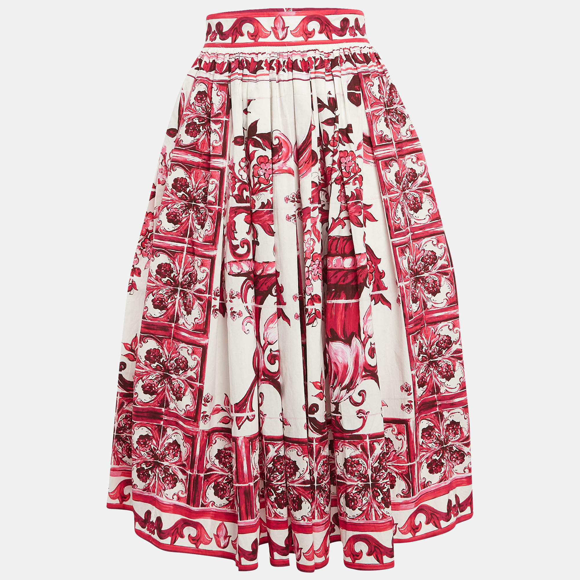 Pre Owned Dolce & Gabbana Pink Majolica Print Poplin Flared Midi Skirt S