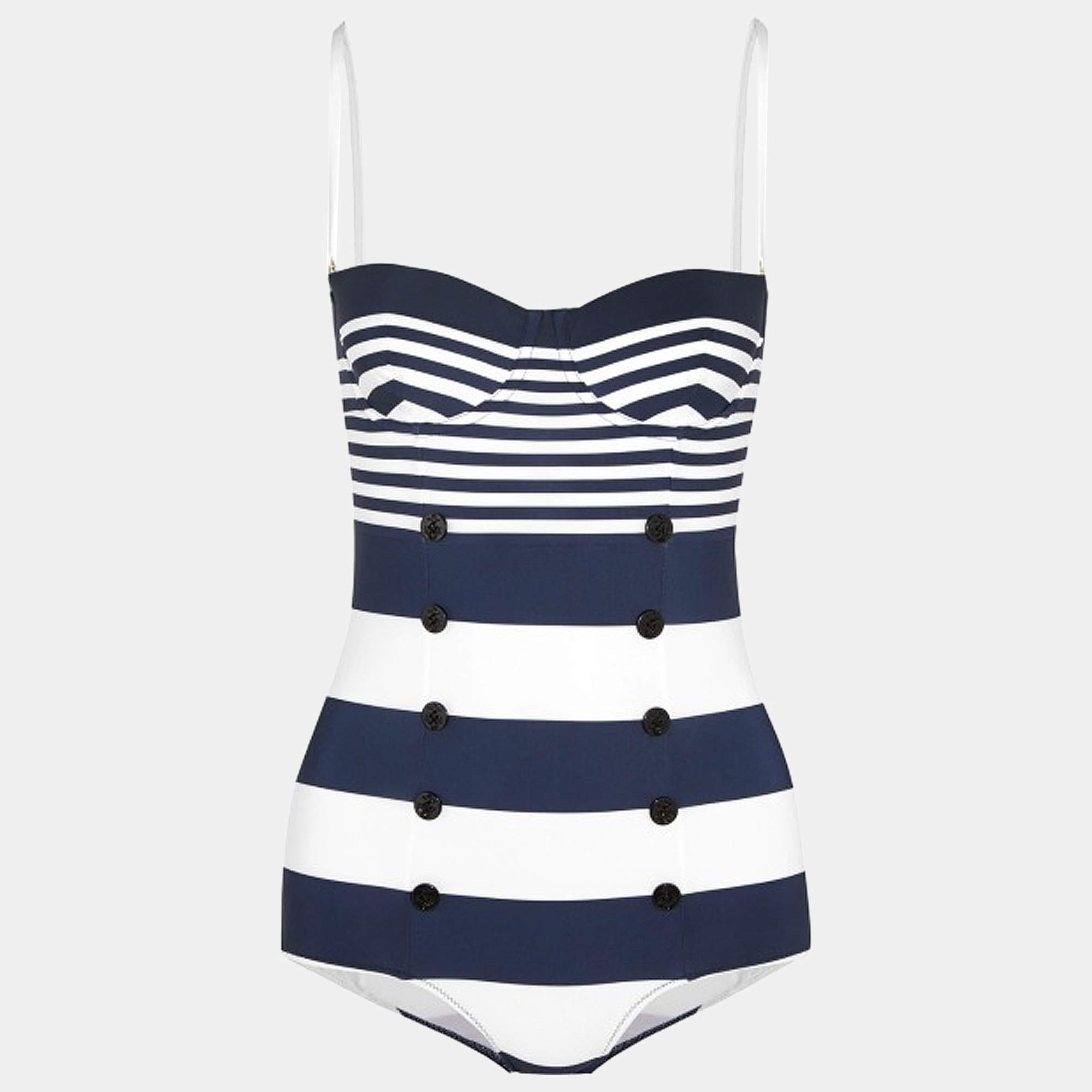 Dolce & Gabbana Navy Blue/White Striped Jersey Swimsuit S