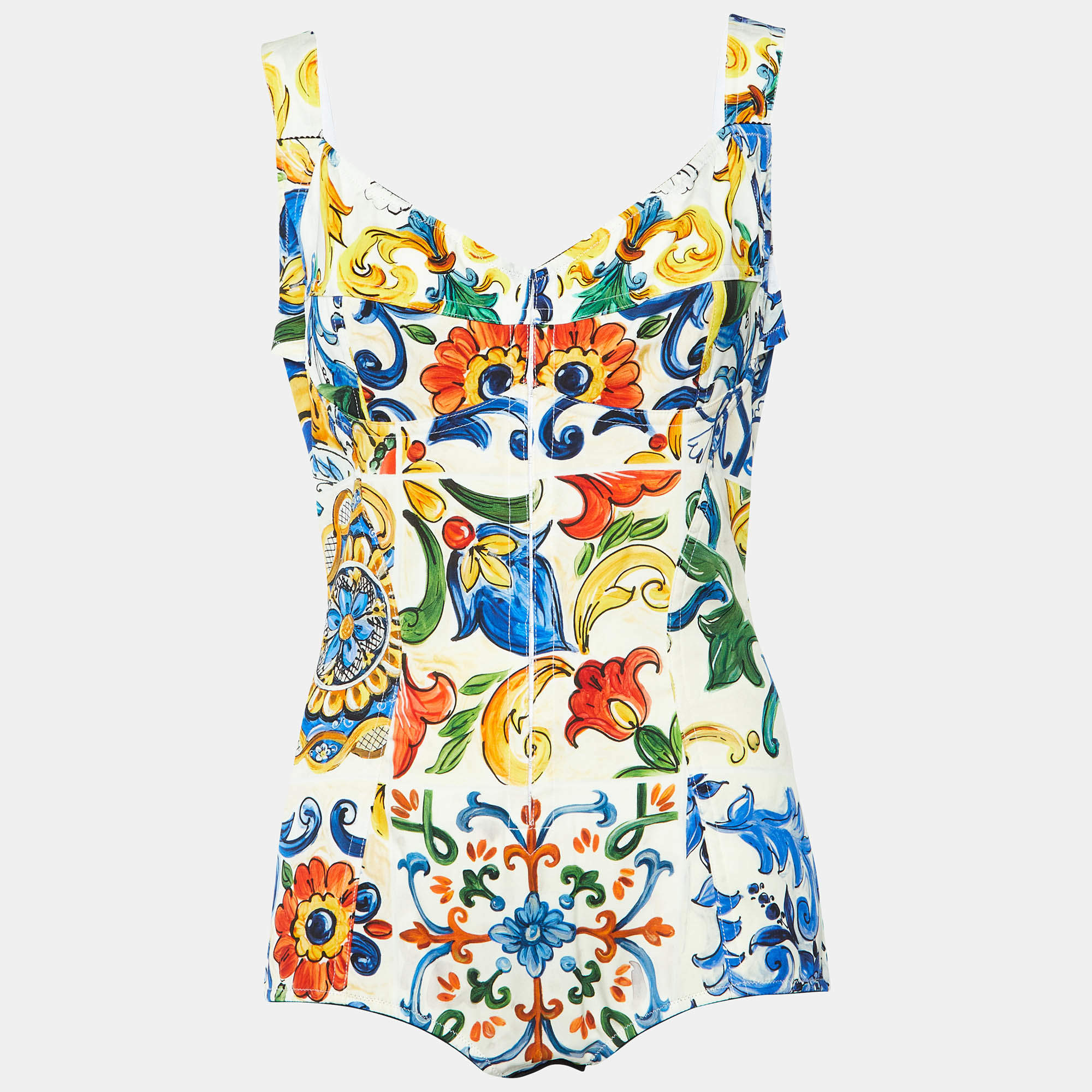 Dolce & Gabbana Multicolor Majolica Print Silk Cotton Bodysuit & Skirt Set L