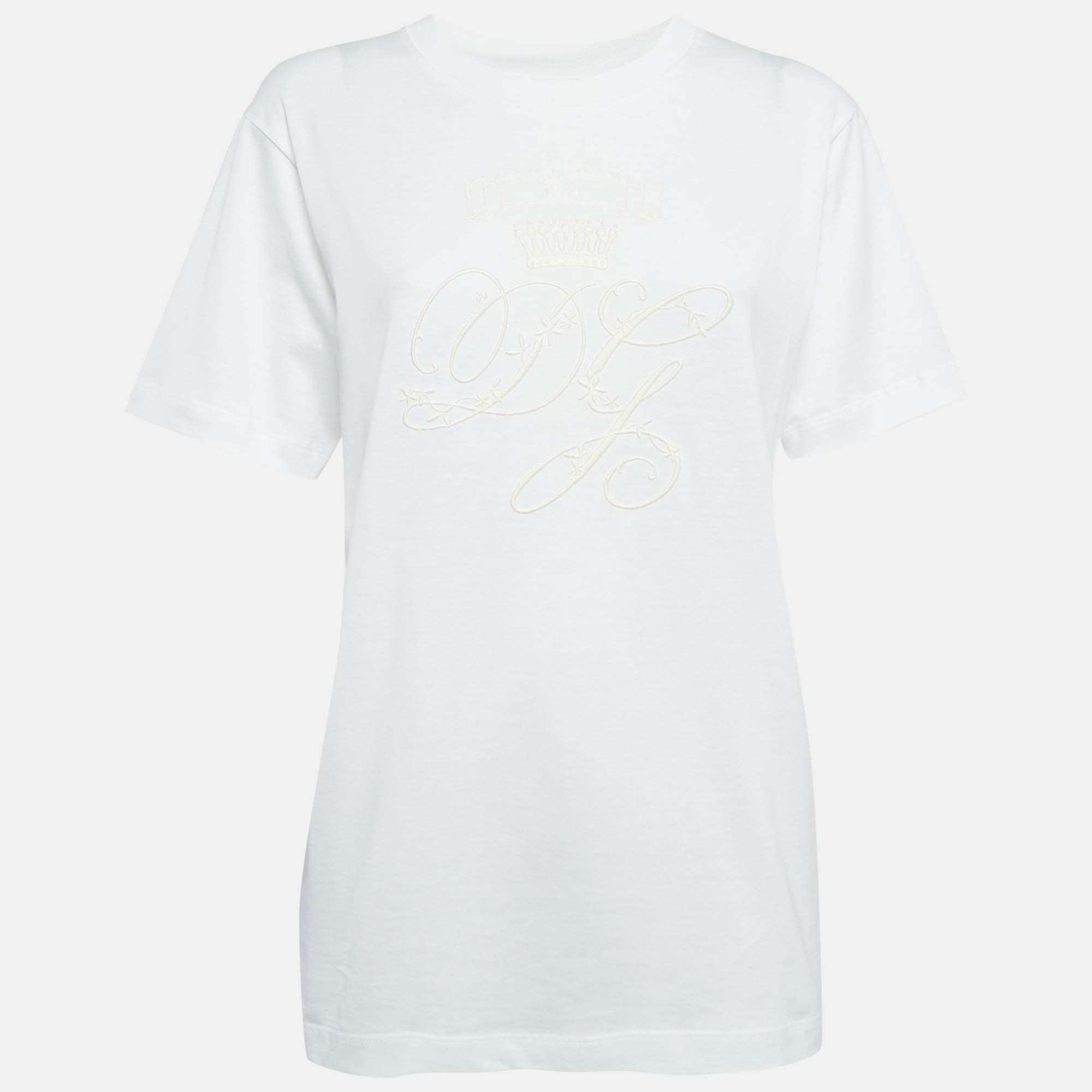Pre Owned Dolce & Gabbana White Logo Embroidered Cotton T-Shirt S