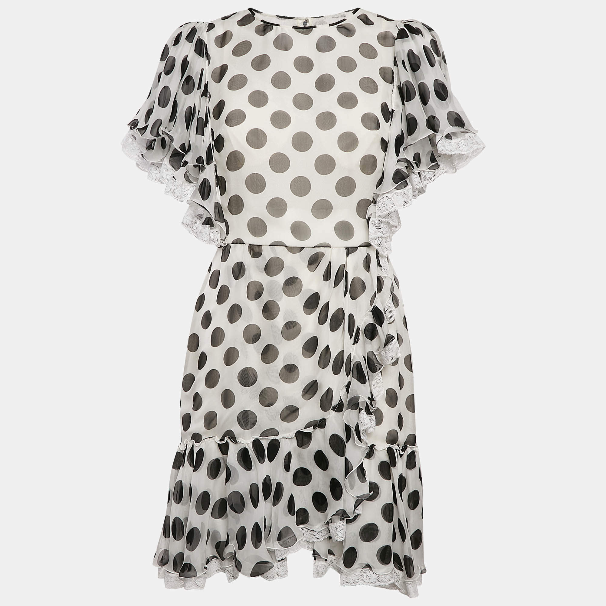 Pre Owned Dolce & Gabbana White Polka Dot Print Ruffled Mini Dress M