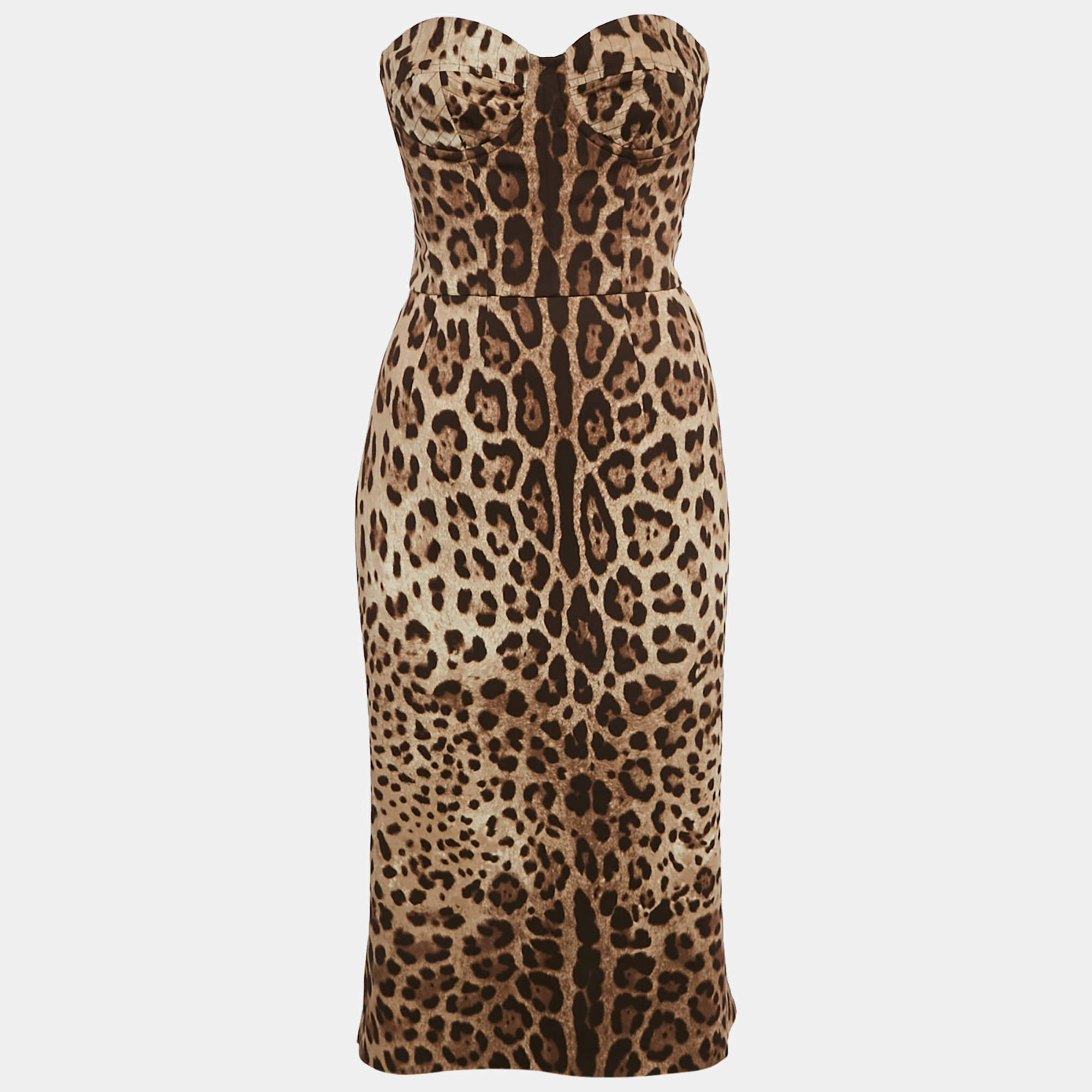 Pre Owned Dolce & Gabbana Brown Leopard Print Silk Tube Dress M