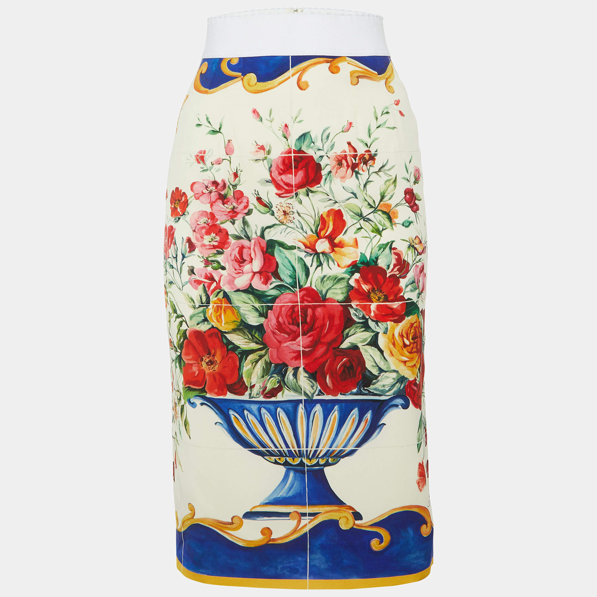 مملوكة مسبقًا Dolce & Gabbana Ivory Floral Vase Print Silk Midi Skirt S