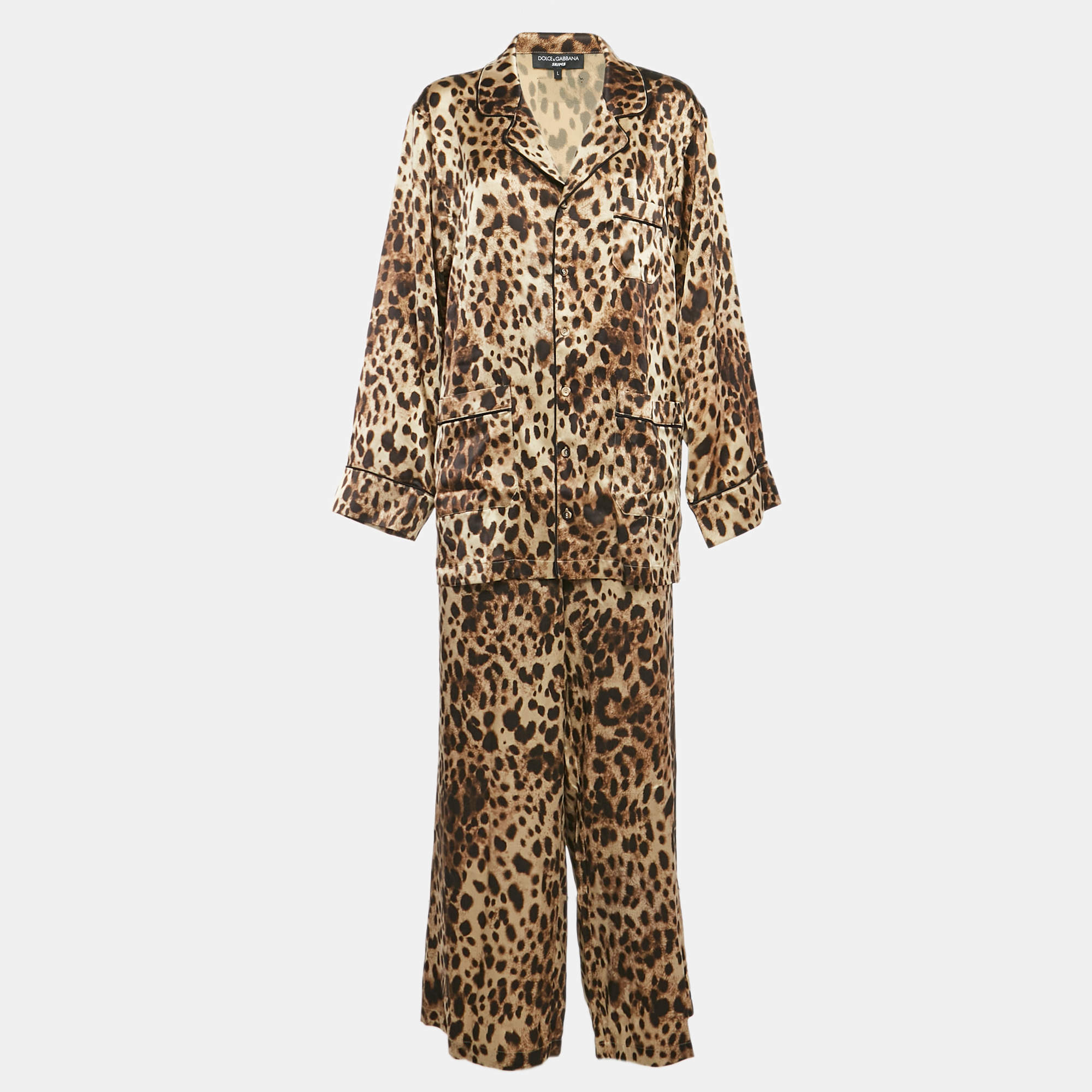 Pre Owned Dolce & Gabbana Skims Brown Leopard Long Sleeve Sleep Top and Pants Set L