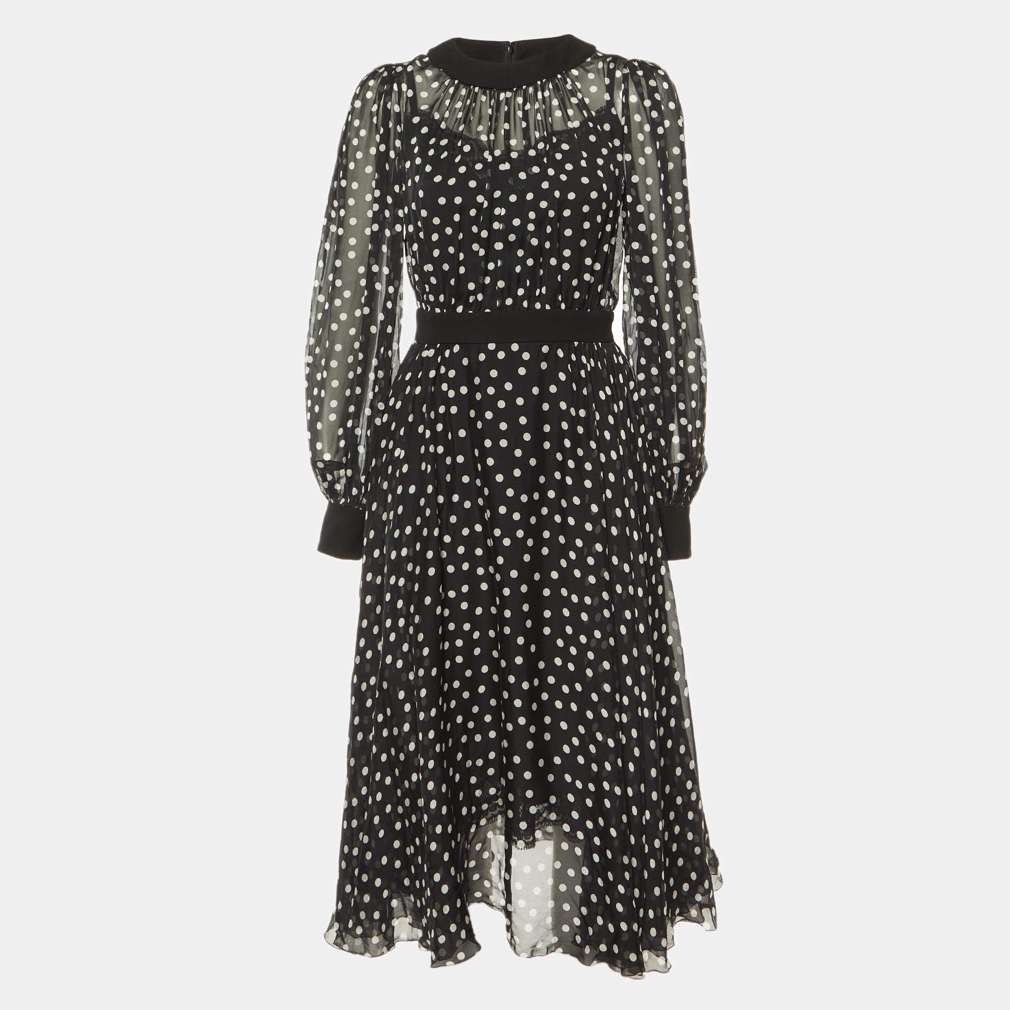 Pre Owned Dolce & Gabbana Black Polka Dotted Silk Chiffon Midi Dress S