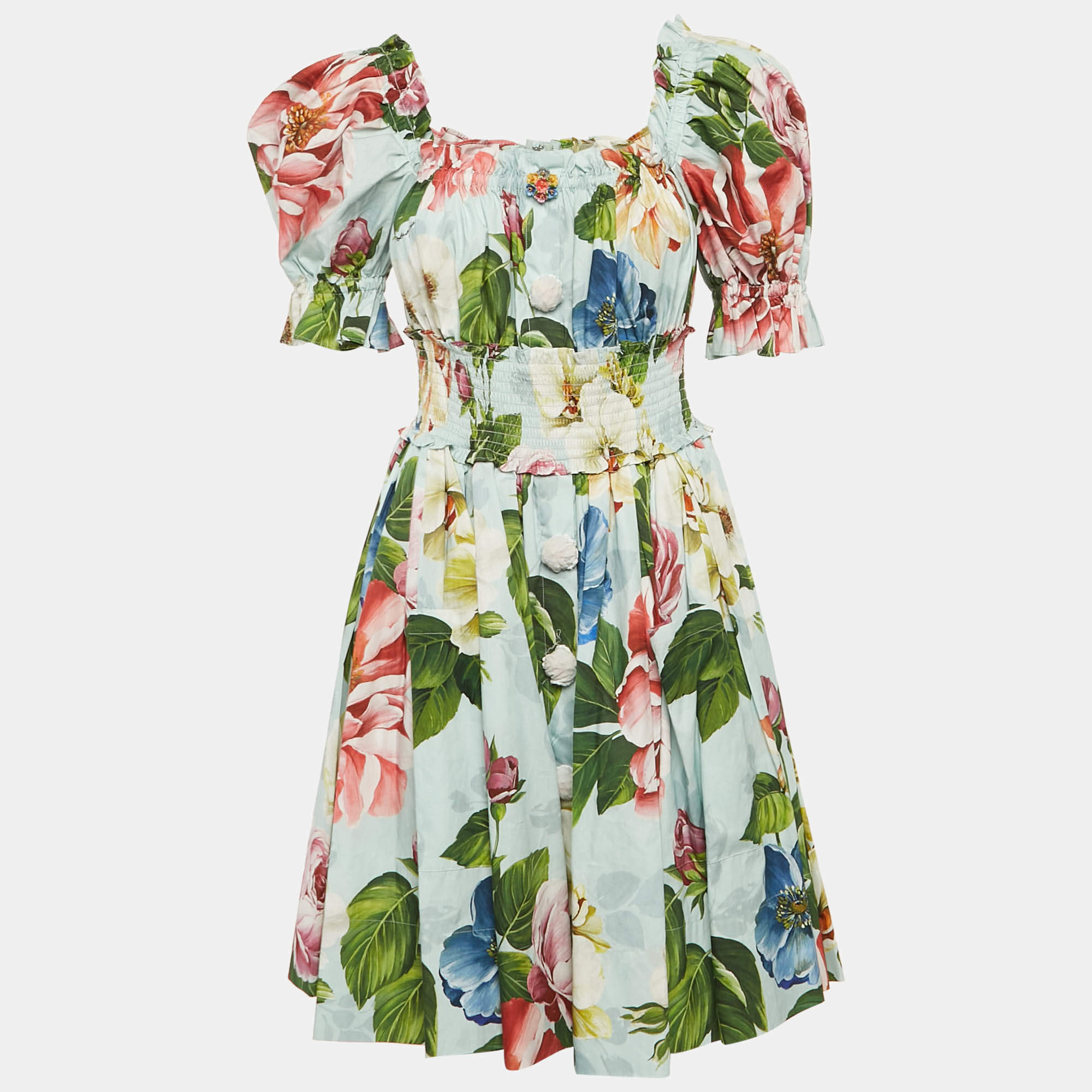 Pre Owned Dolce & Gabbana Blue Floral Print Poplin Embellished Button Mini Dress M
