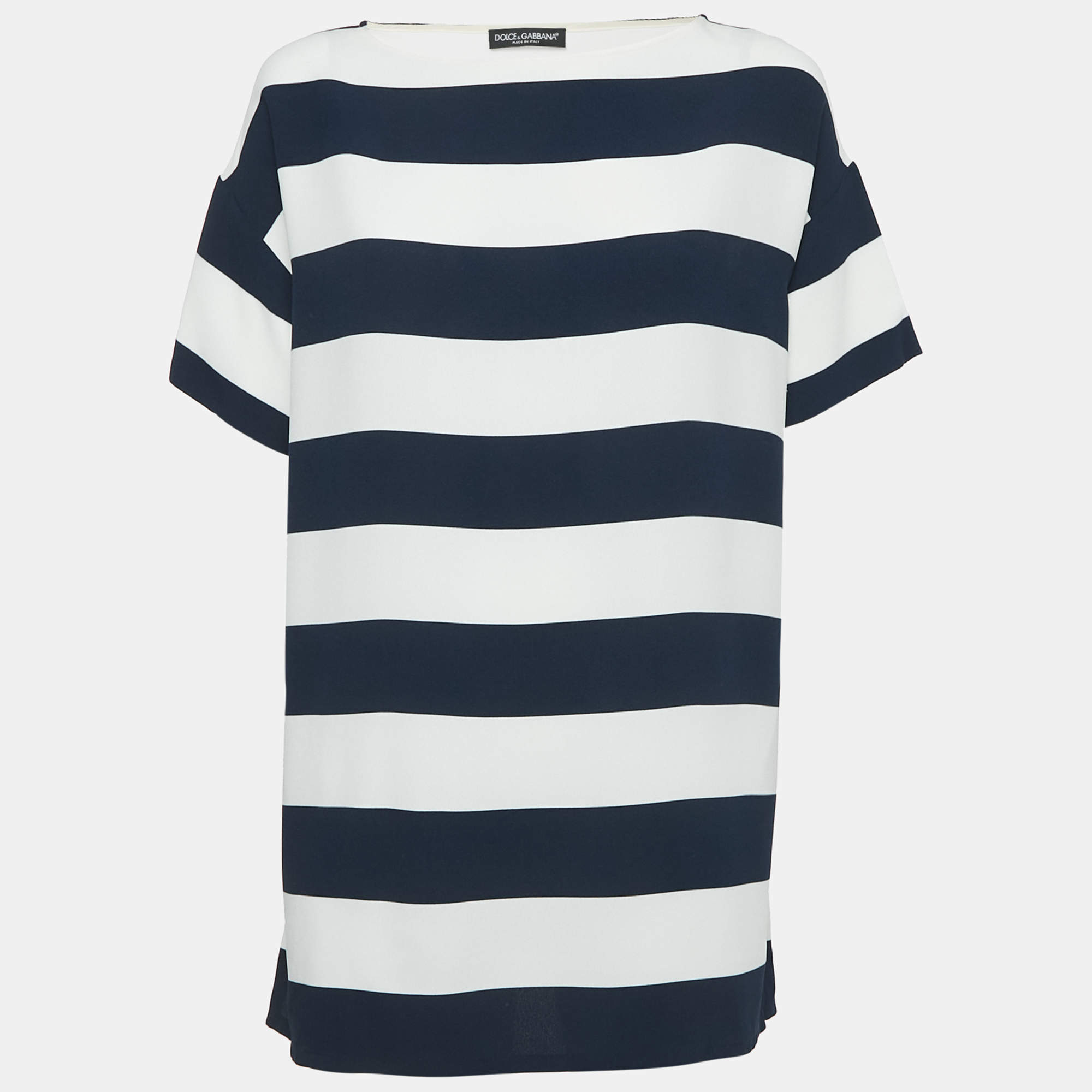 Pre Owned Dolce & Gabbana Blue/White Striped Crepe Oversized Top M