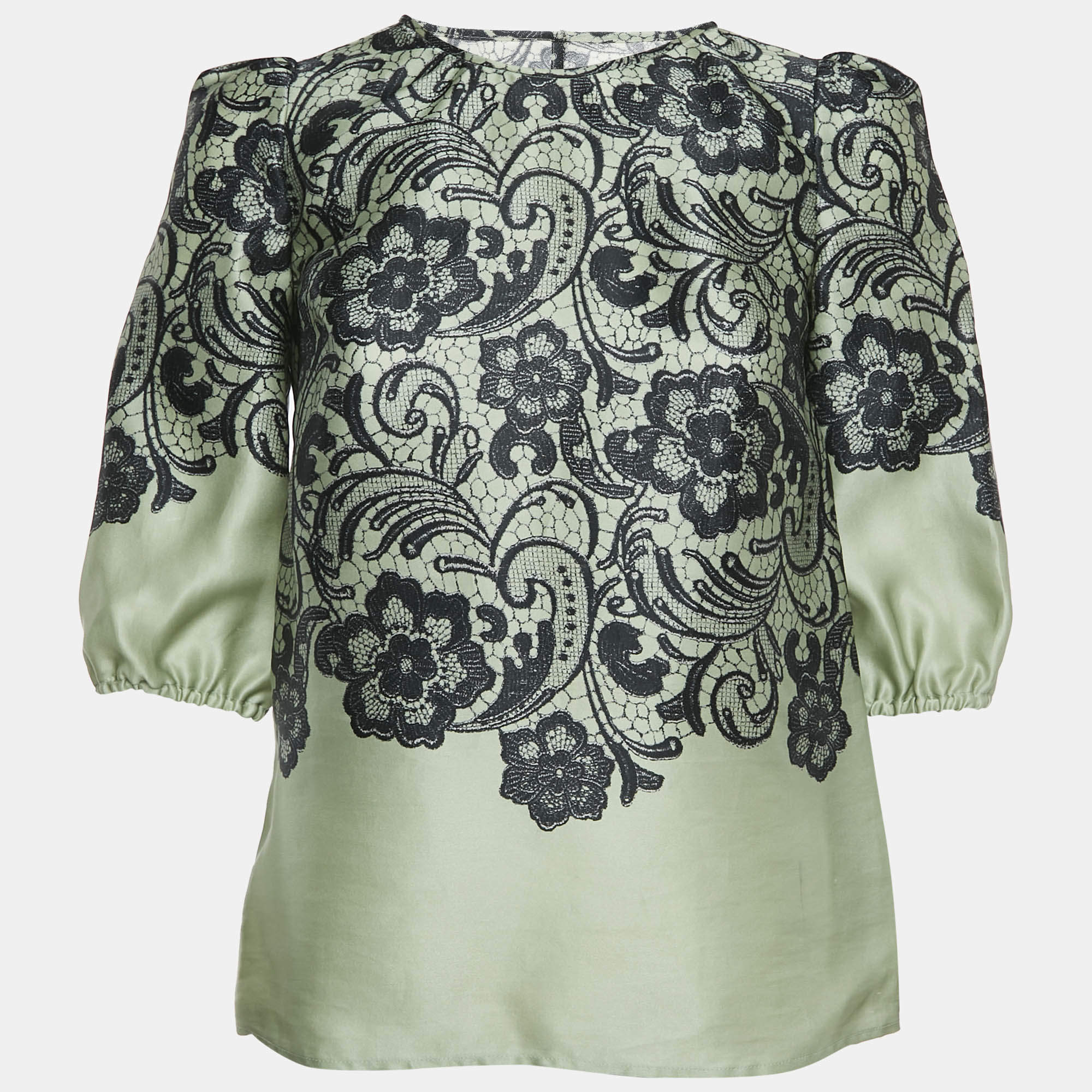 Dolce & Gabbana Green Silk Lace Print Top XS
