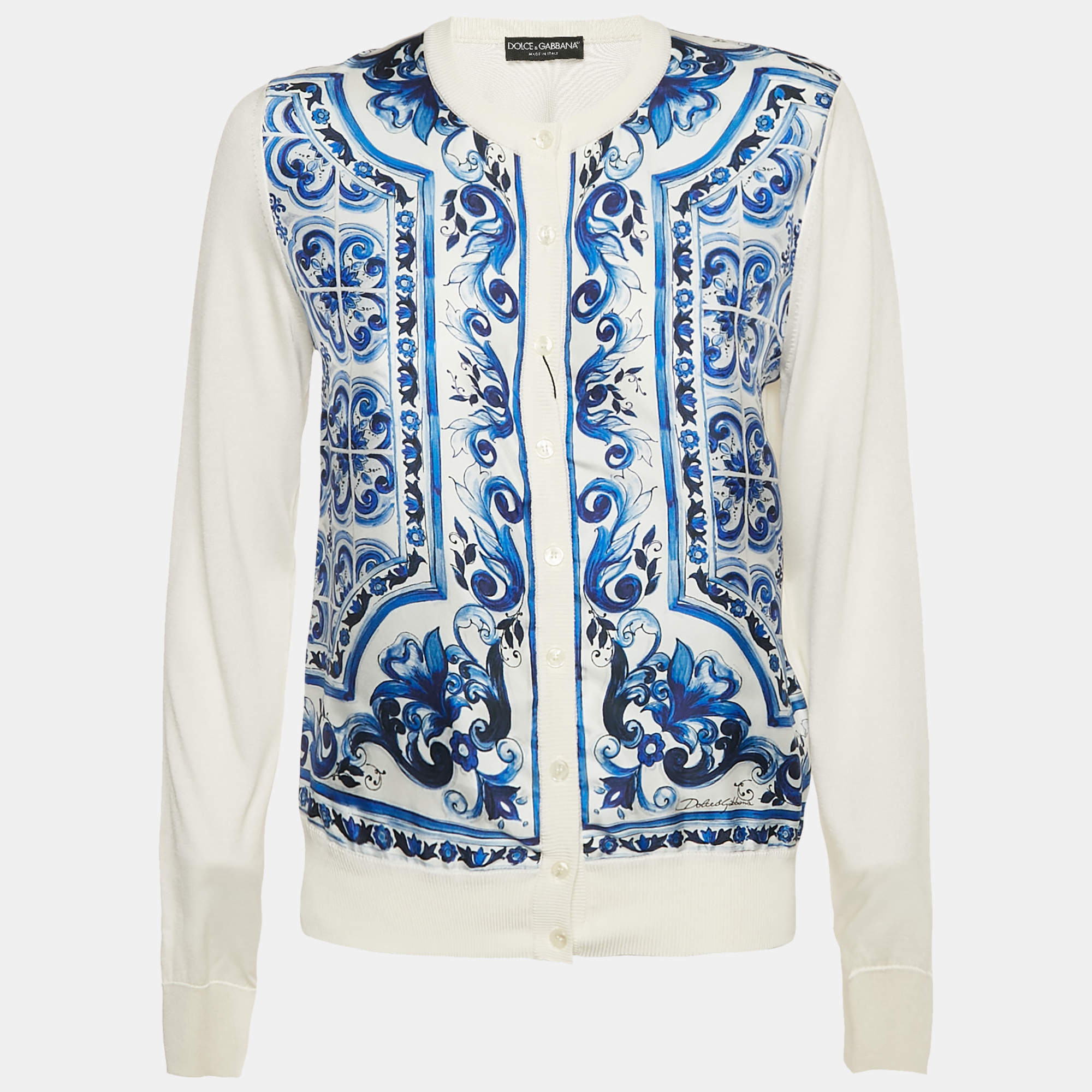 Dolce & Gabbana White/Blue Majolica Print Silk Buttoned Cardigan M