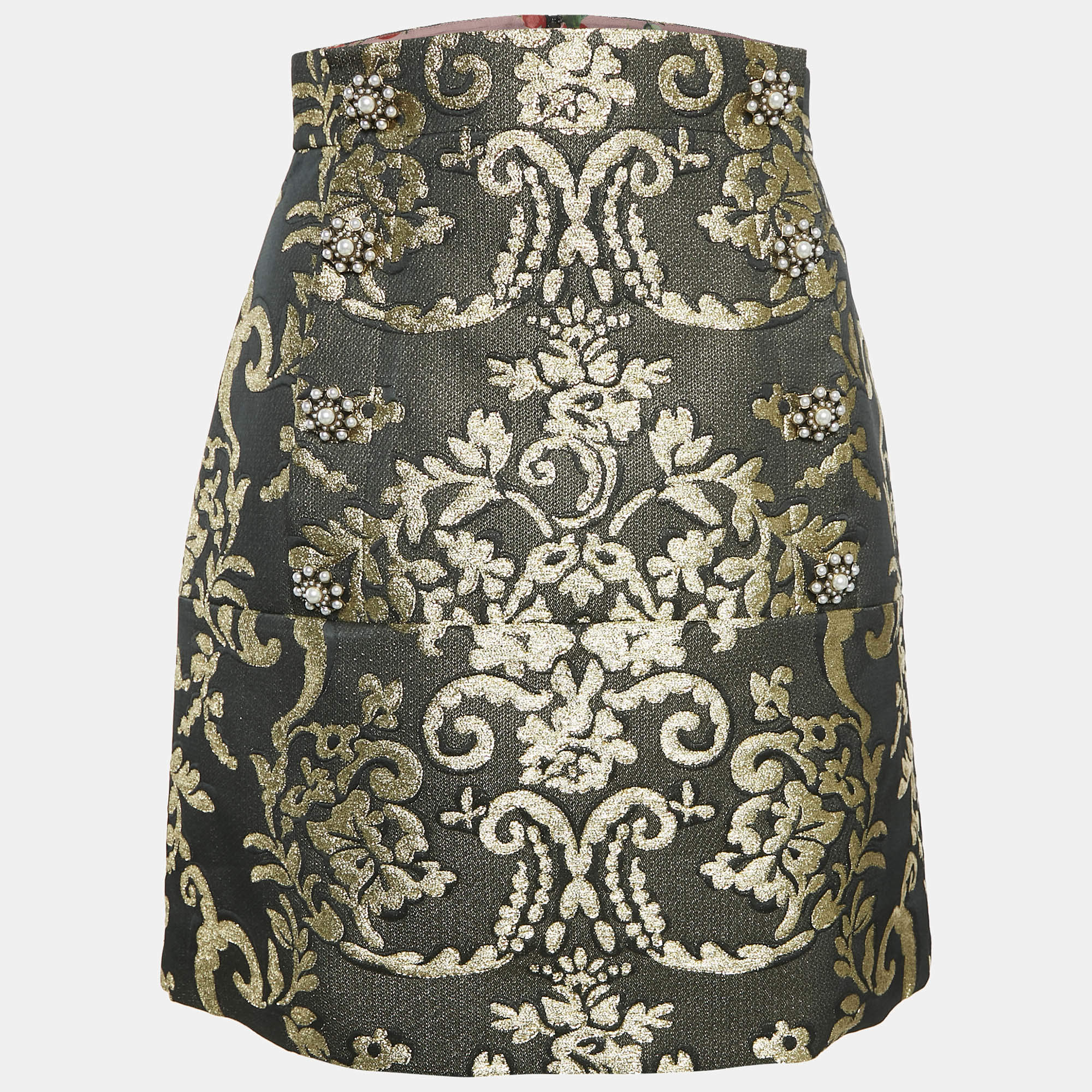 Pre Owned Dolce & Gabbana Black/Gold Floral Brocade Mini Skirt S