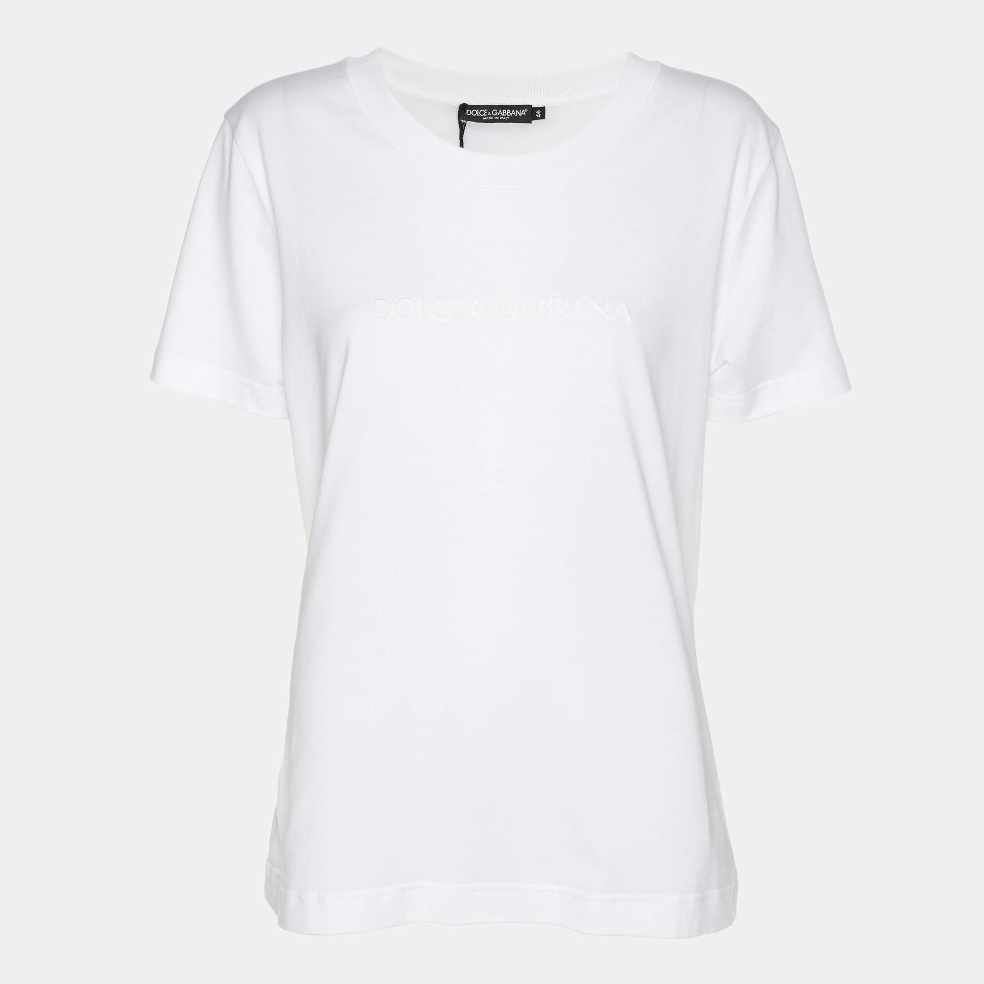 Pre Owned Dolce & Gabbana White Cotton Logo Embossed T-Shirt L