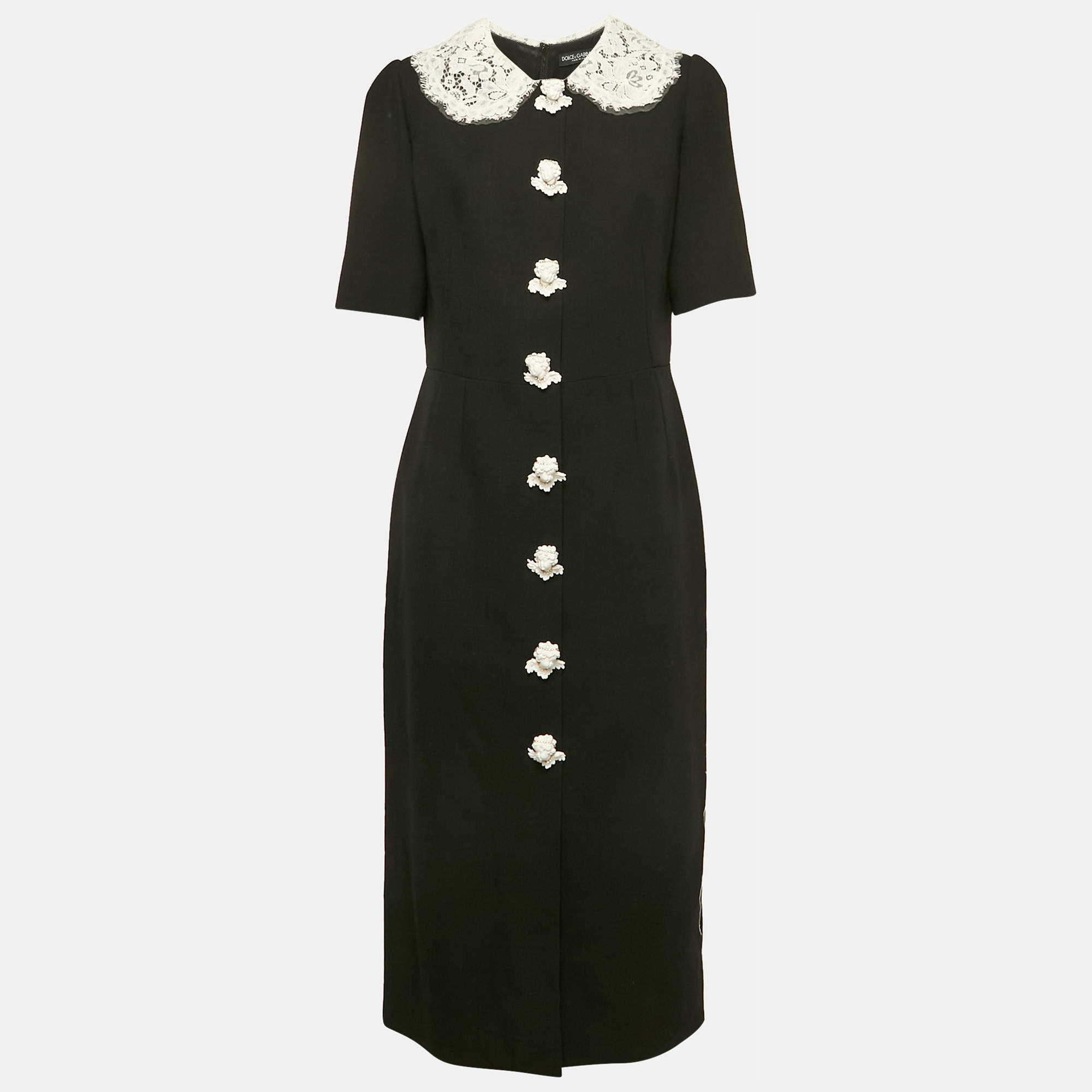 Pre Owned Dolce & Gabbana Black Wool Blend Baby Cherub Button Detail Midi Dress L