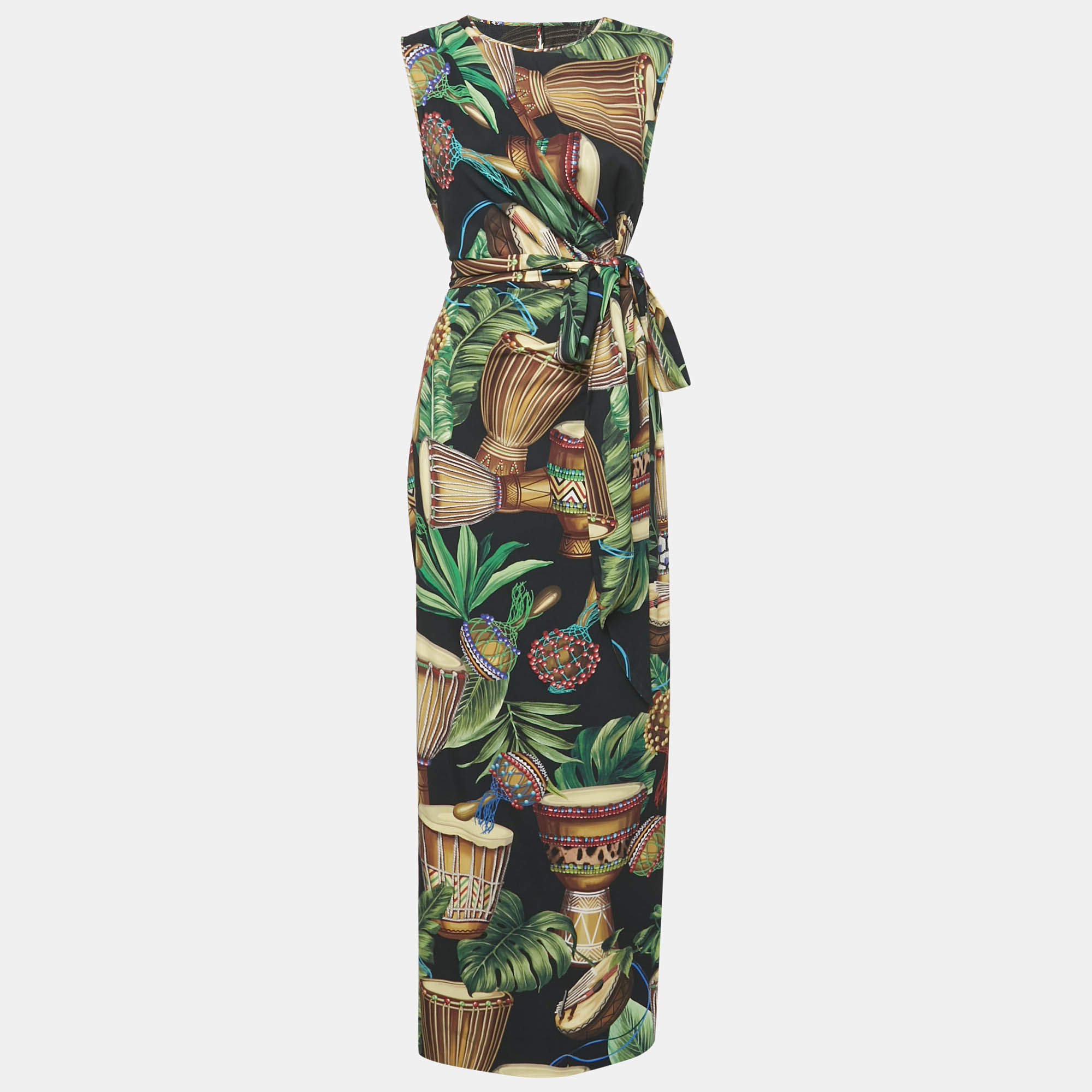 Dolce & Gabbana Black/Multicolor Printed Silk Sleeveless Draped Maxi Dress XL