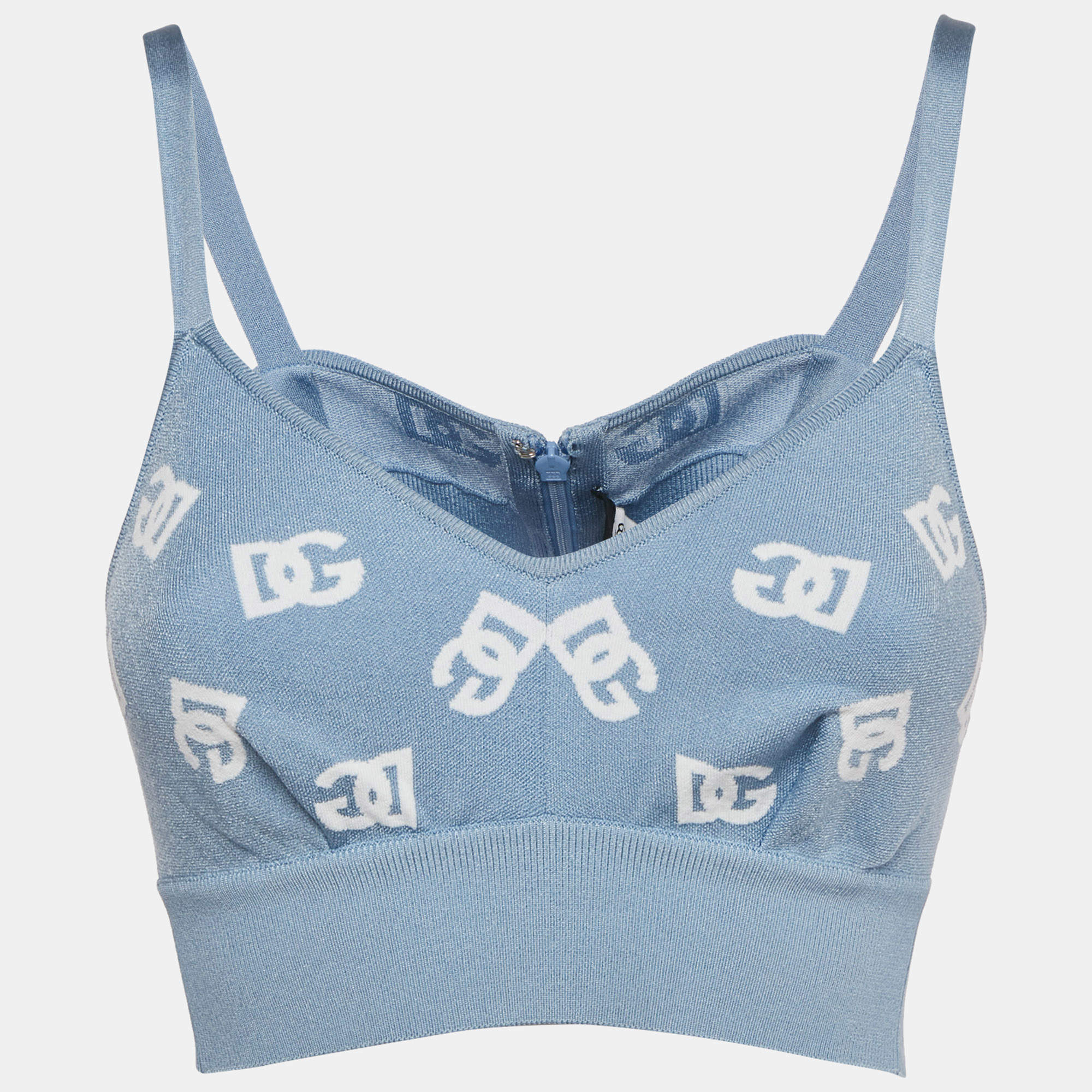Dolce & Gabbana Blue Logo Intarsia Stretch Knit Bralette Top S