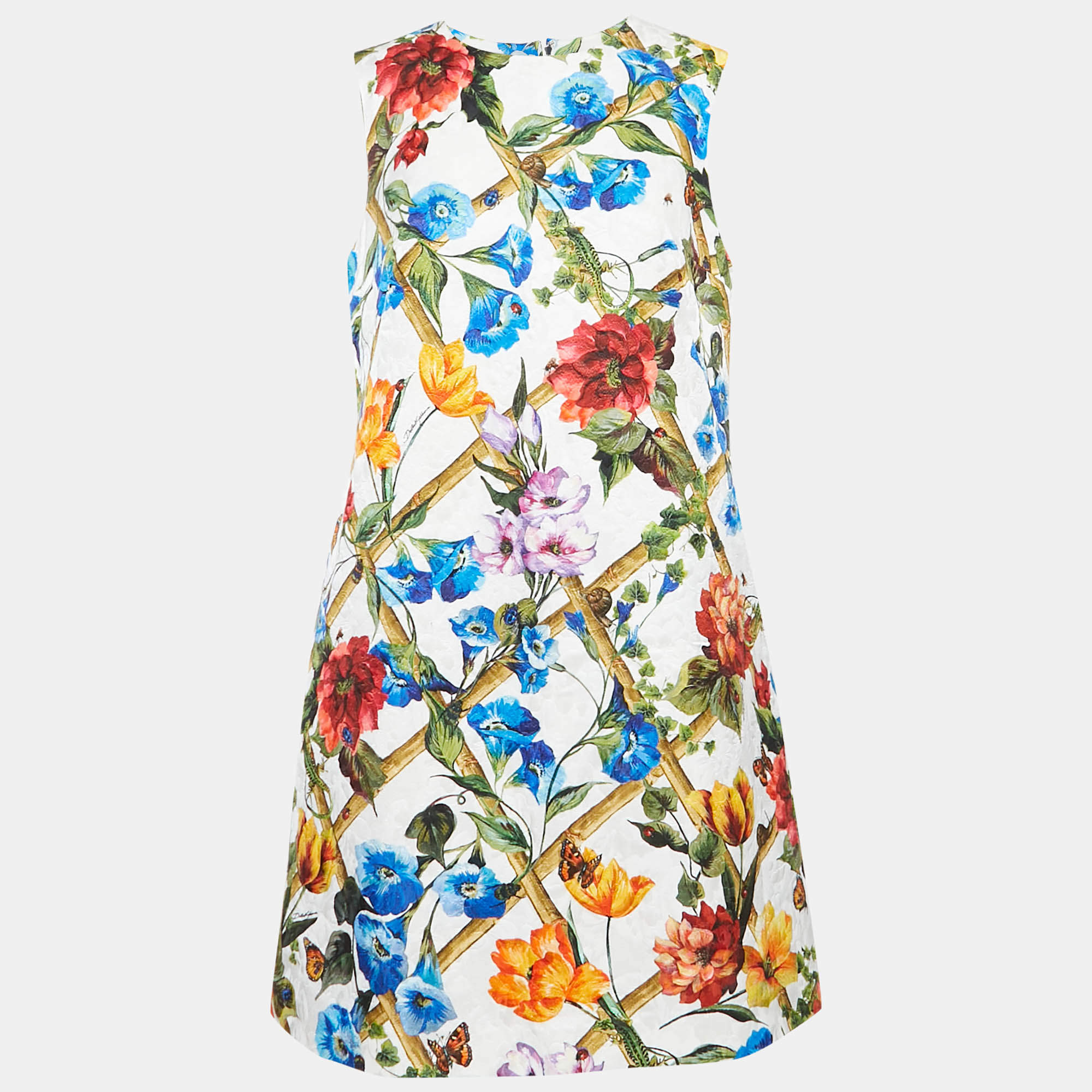 Pre Owned Dolce & Gabbana White/Multicolor Printed Cotton Blend Jacquard Mini Dress L