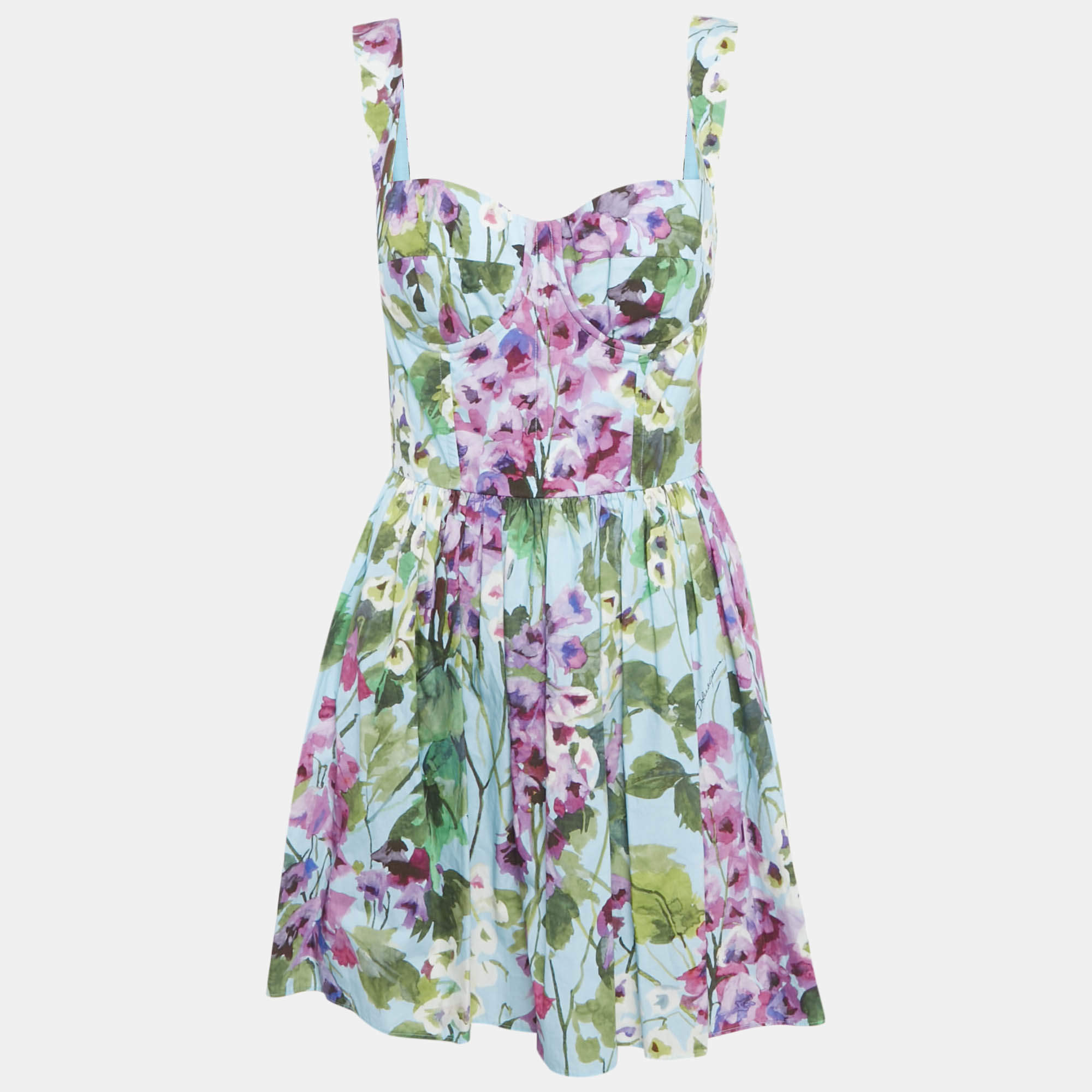 Pre Owned Dolce & Gabbana Blue Bluebell Print Cotton Corset Mini Dress M