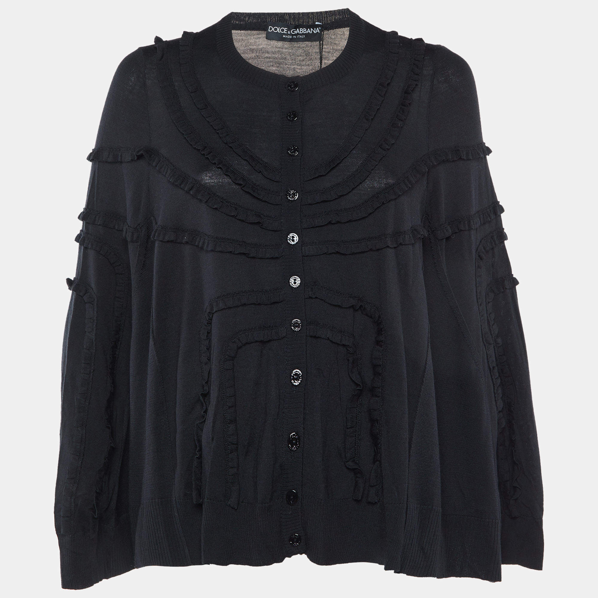 Pre Owned Dolce & Gabbana Black Wool Knit Button Front Poncho S