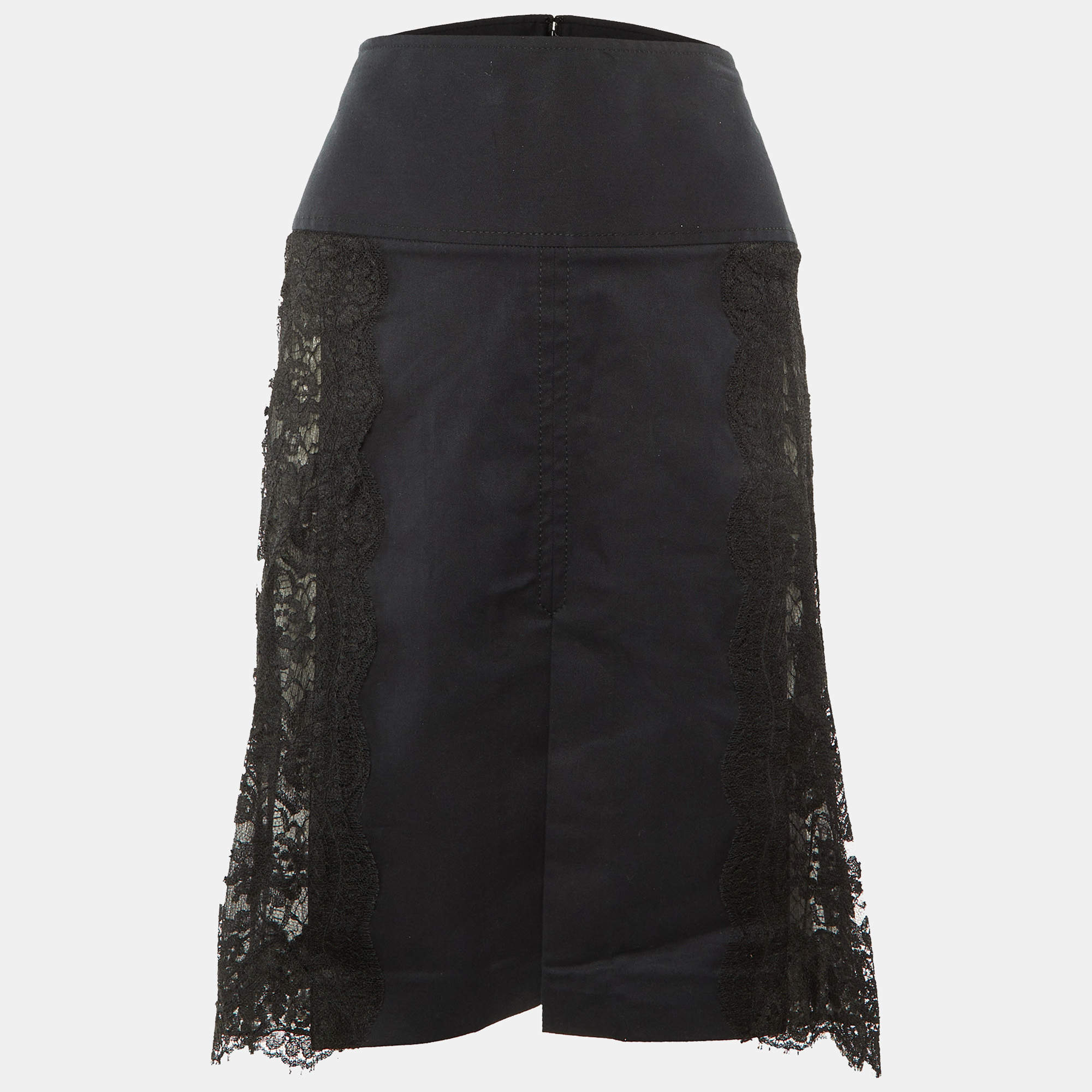 Pre Owned Dolce & Gabbana Black Cotton & Lace Paneled Knee Length Skirt L