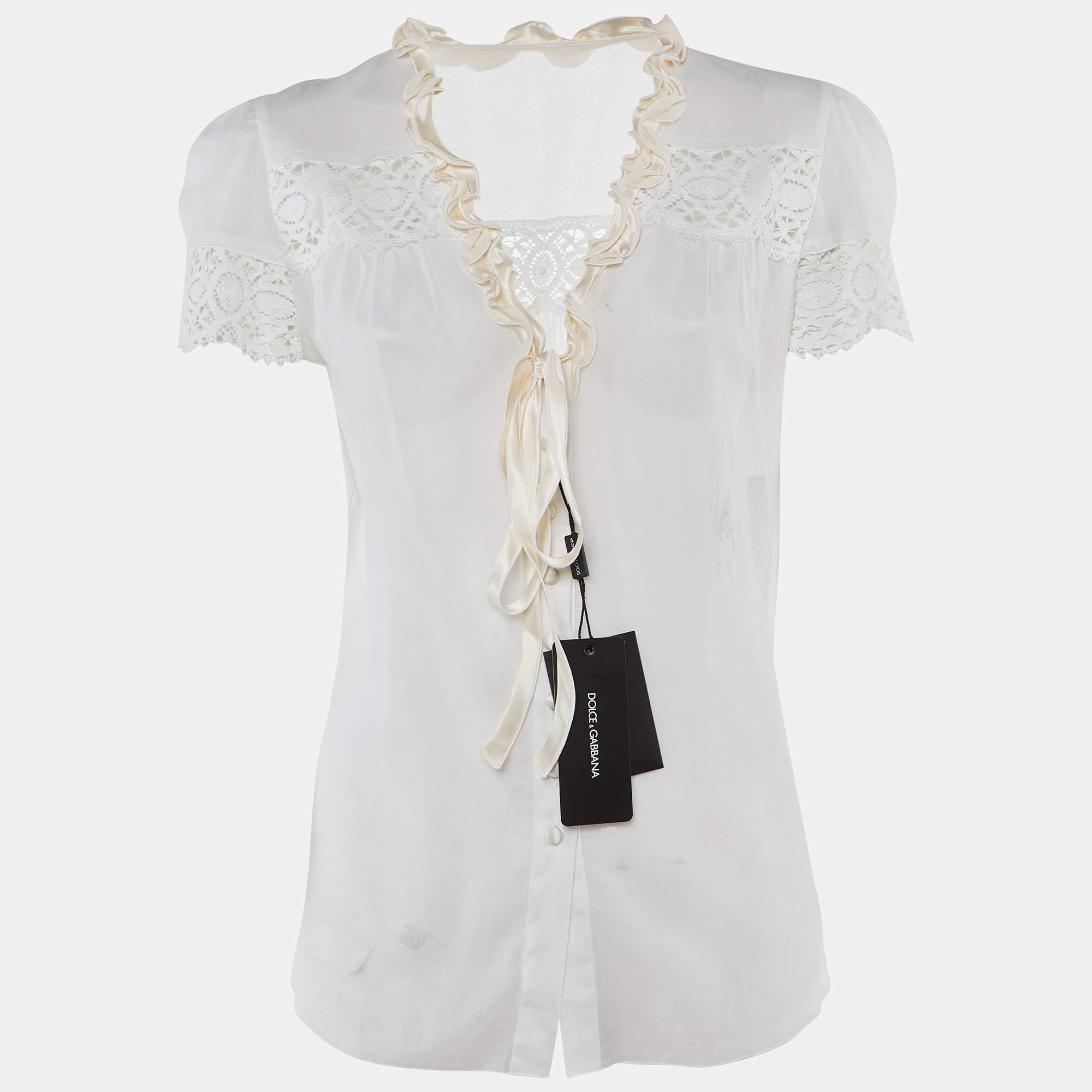 Pre Owned Dolce & Gabbana Off-White Cotton Contrast Trim Top M