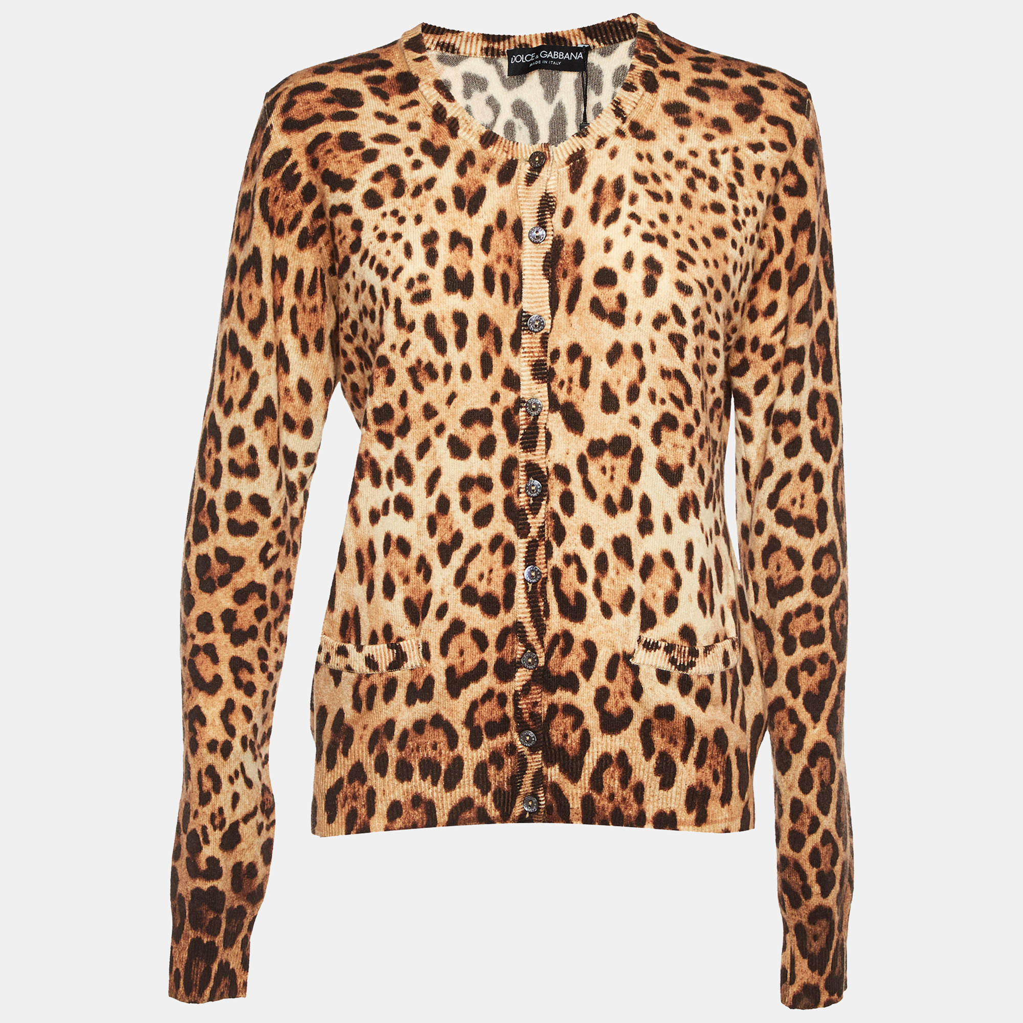 Pre Owned Dolce & Gabbana Brown Animal Printed Cashmere Cardigan L