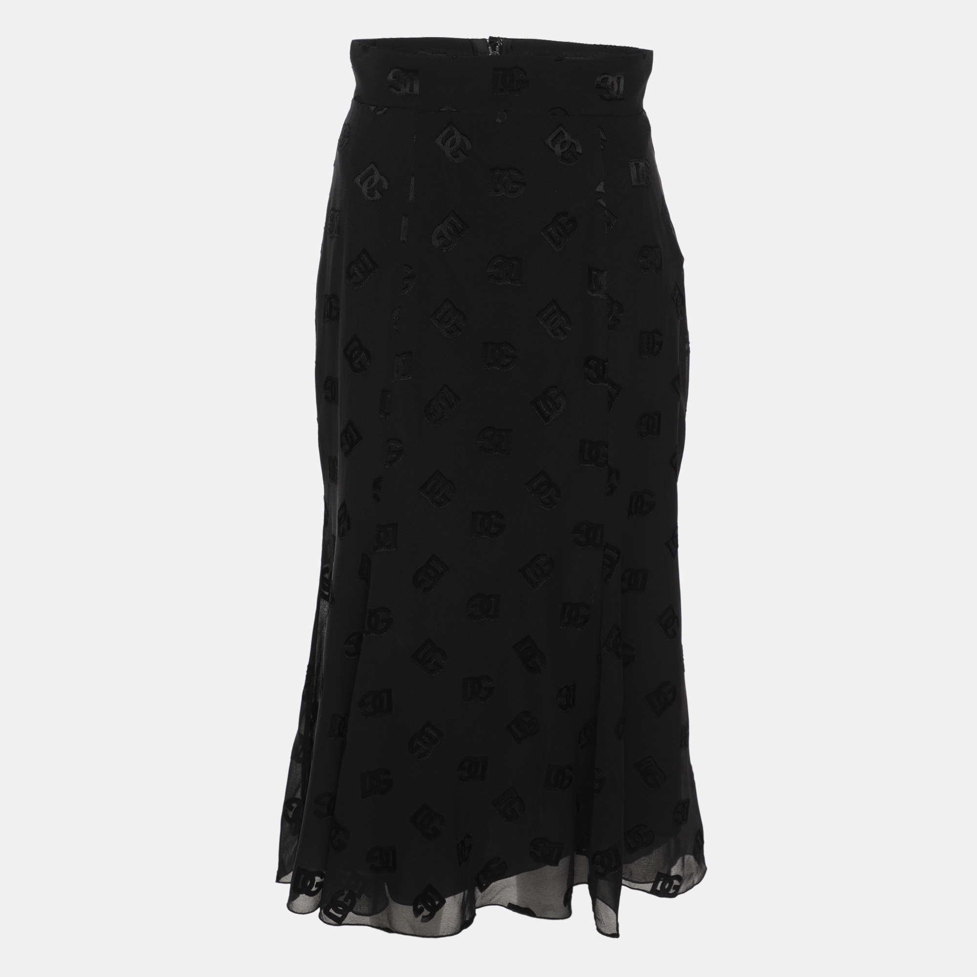 Pre Owned Dolce & Gabbana Black Silk Logo Print Midi Skirt S