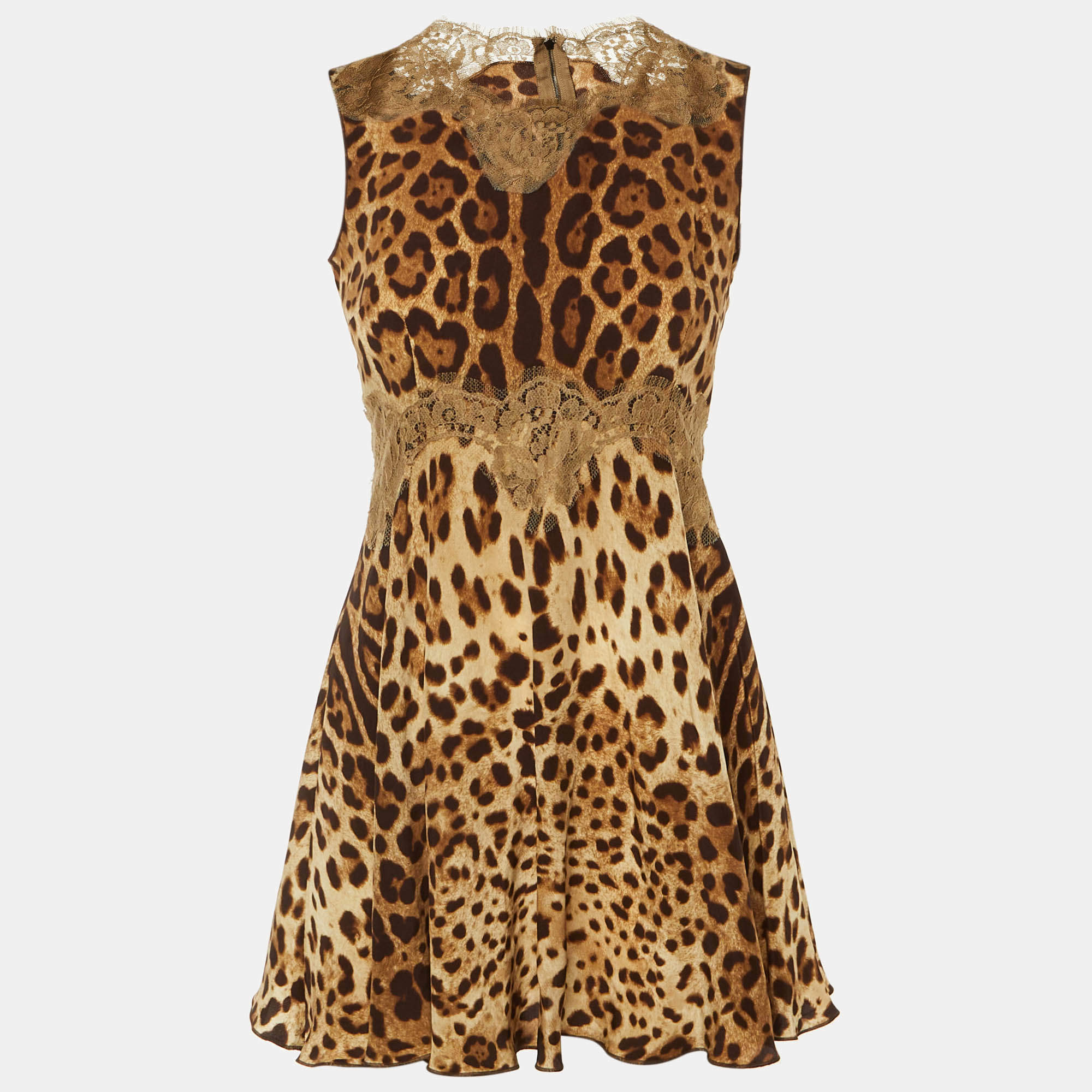 مملوكة مسبقًا Dolce & Gabbana Brown Leopard Print Silk Lace Trim Mini Dress S