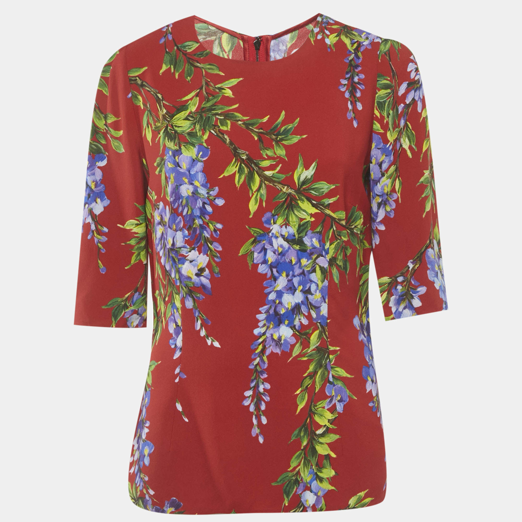 Pre Owned Dolce & Gabbana Red Floral Print Crepe Blouse M