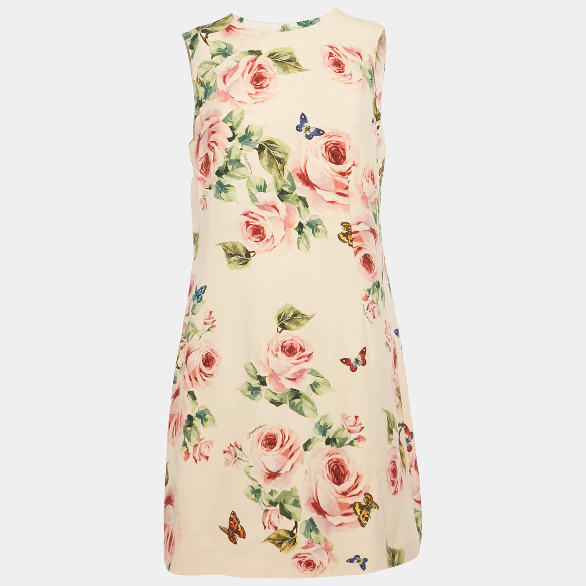 Pre Owned Dolce & Gabbana Pink Rose Print Crepe Sleeveless Shift Dress M