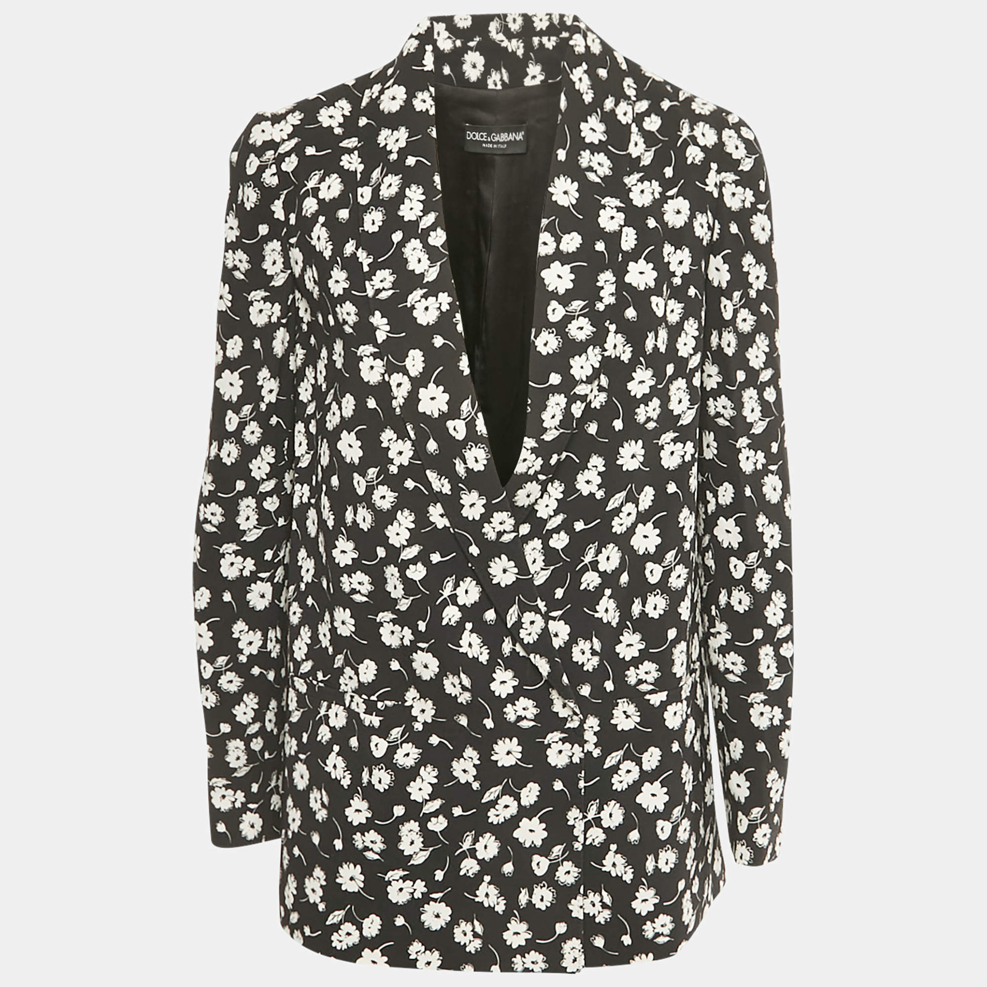 Pre Owned Dolce & Gabbana Black Cady Daisy Print Crepe Blazer S
