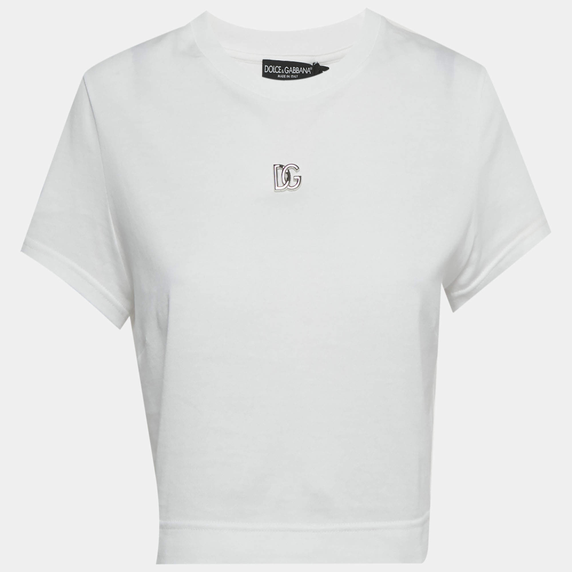 Pre Owned Dolce & Gabbana White Logo Detail Jersey Crop T-Shirt M