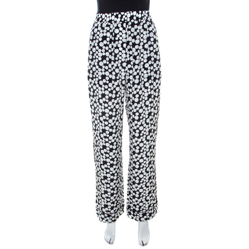 Pre Owned Dolce & Gabbana Monochrome Polka Dot Print Silk Straight Fit Trousers M