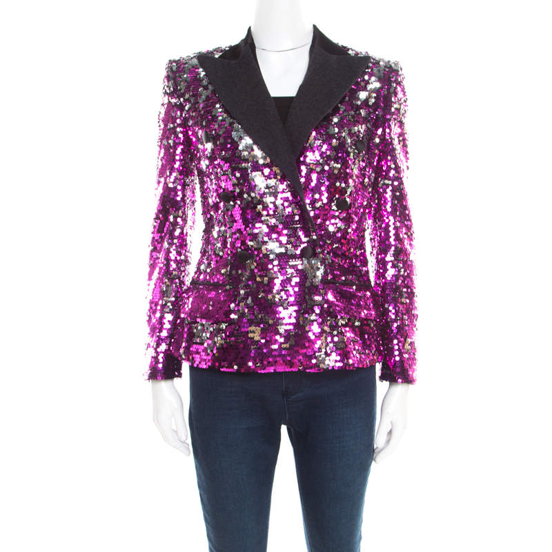 Dolce & Gabbana Fuscia Pink Sequin Paillette Embellished Velvet Trim Blazer M
