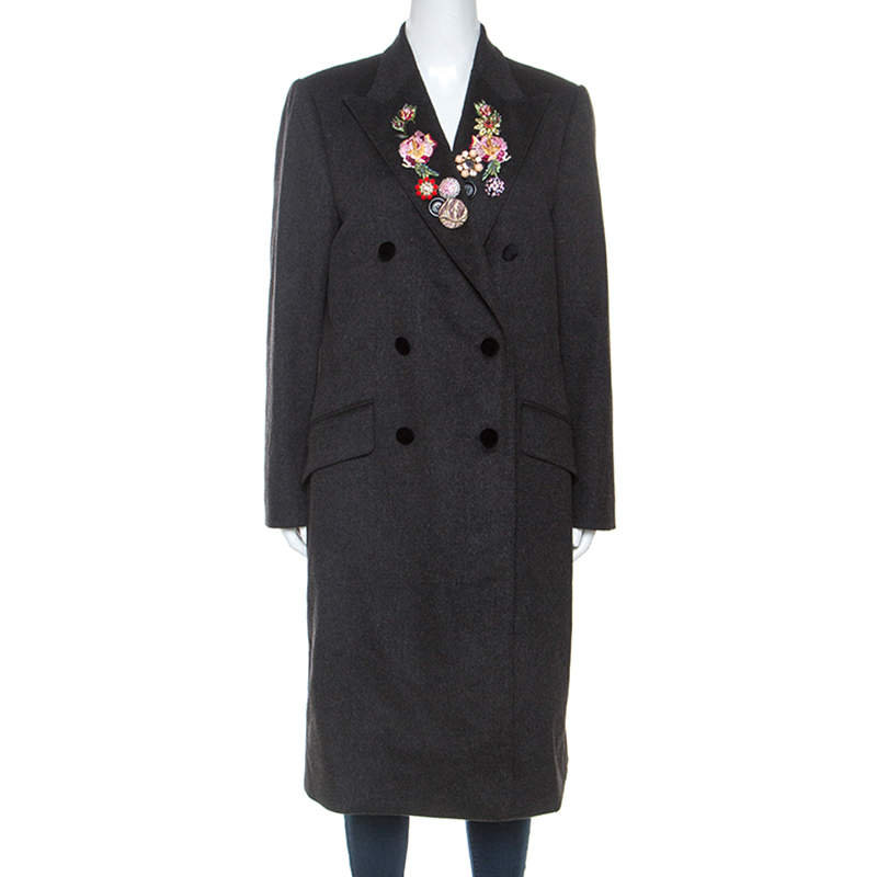 Pre Owned Dolce & Gabbana Dark Grey Wool Crystal Embellished Long Coat M