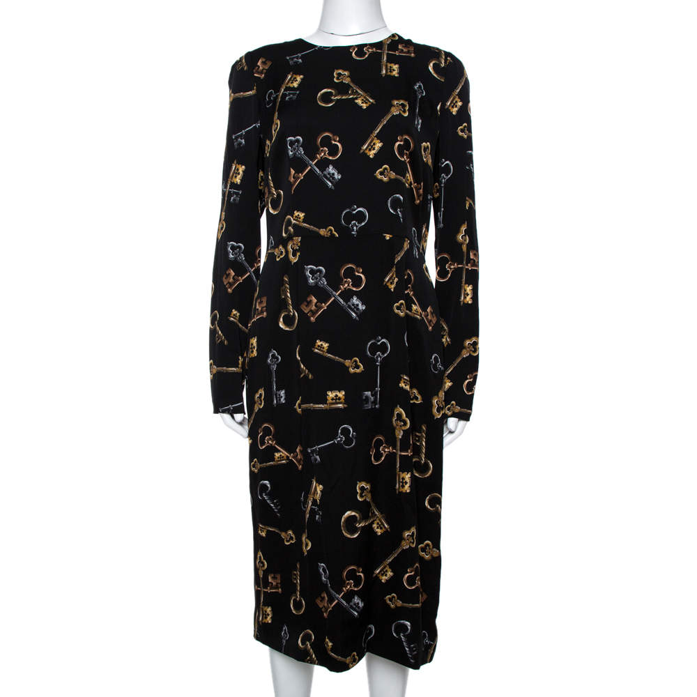 Dolce & Gabbana Black Keys Print Silk Long Sleeve Sheath Dress L